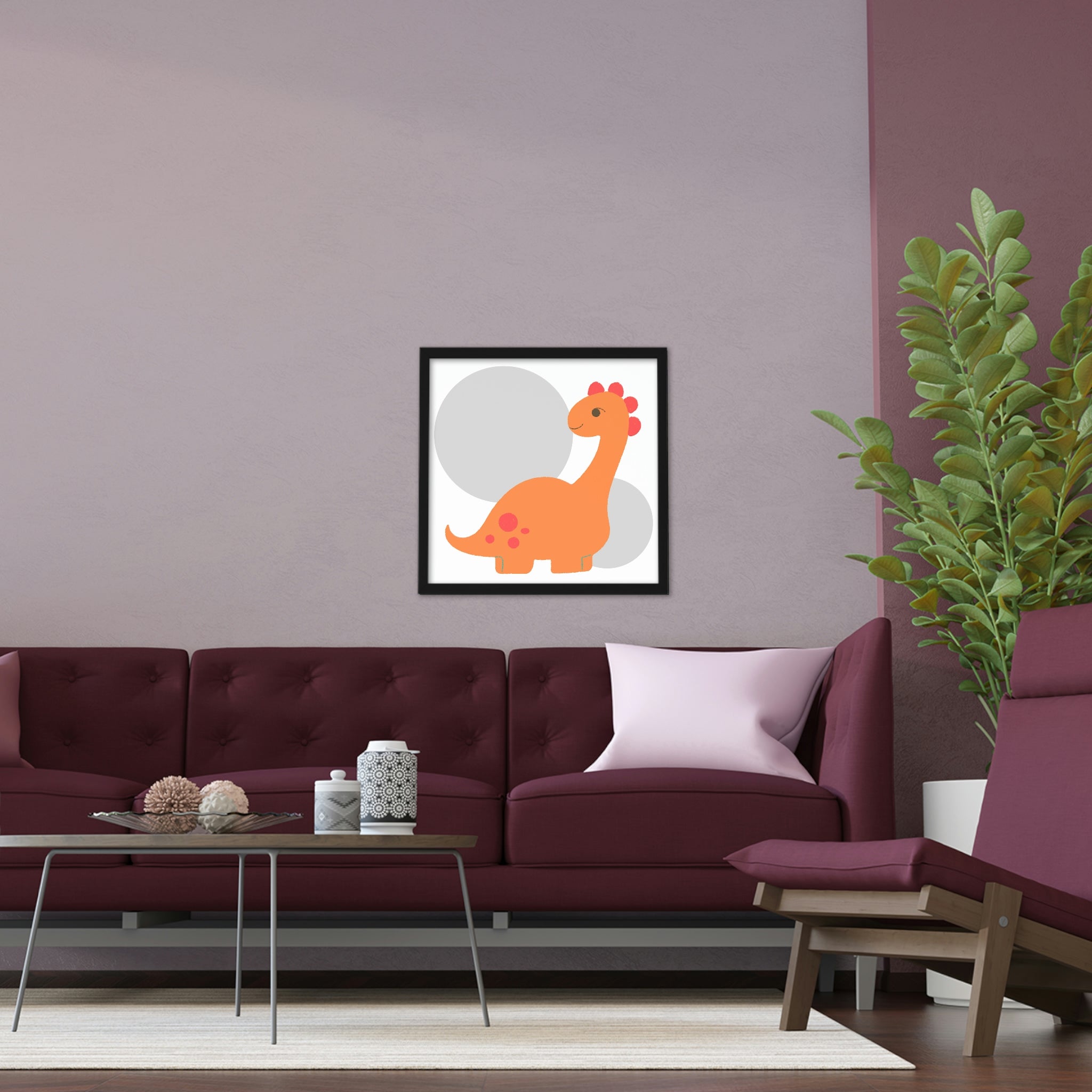 Framed poster featuring an orange long neck dinosaur, showcasing vibrant colors and a hand-crafted wooden frame.