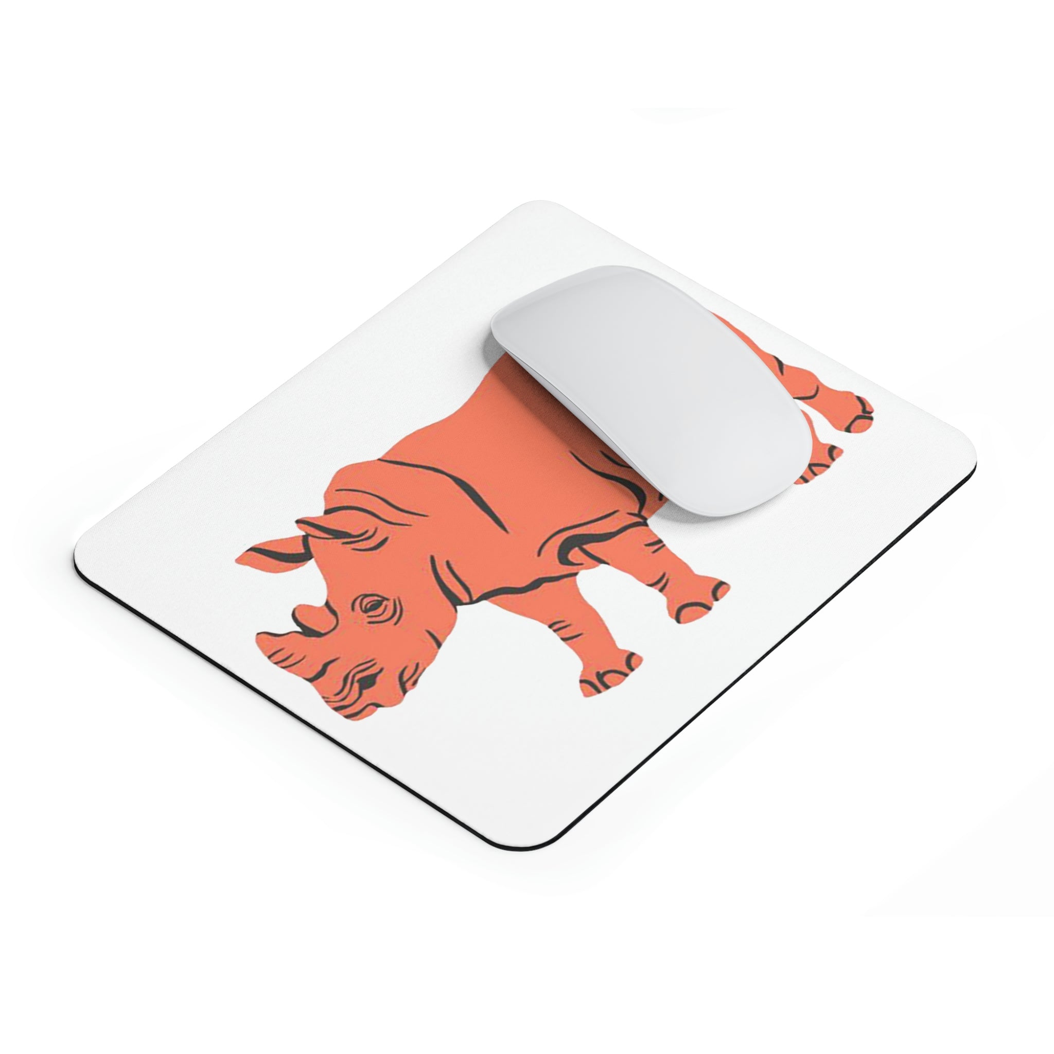 Orange Rhino Mouse Pad featuring a vibrant orange rhino design on a smooth surface with a non-slip rubber base.