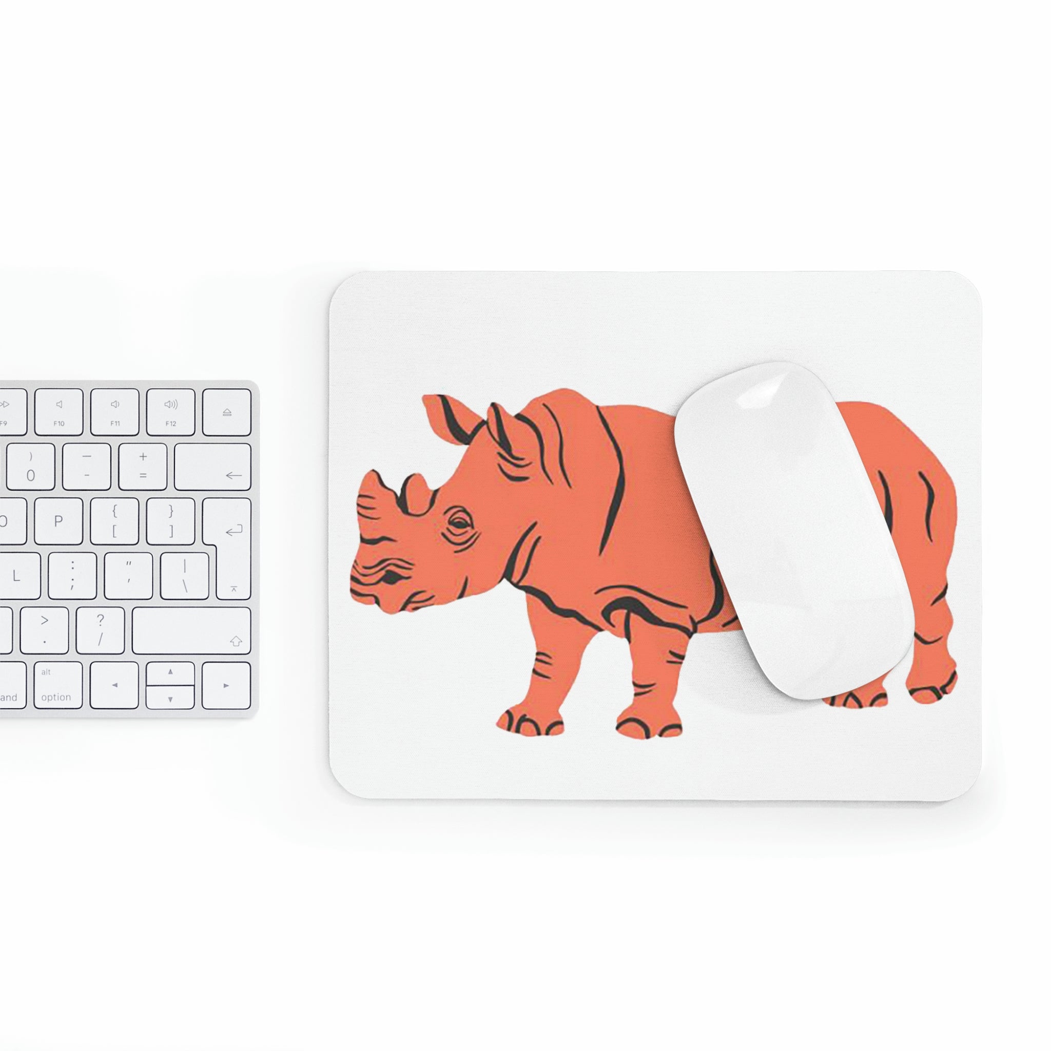 Orange Rhino Mouse Pad featuring a vibrant orange rhino design on a smooth surface with a non-slip rubber base.