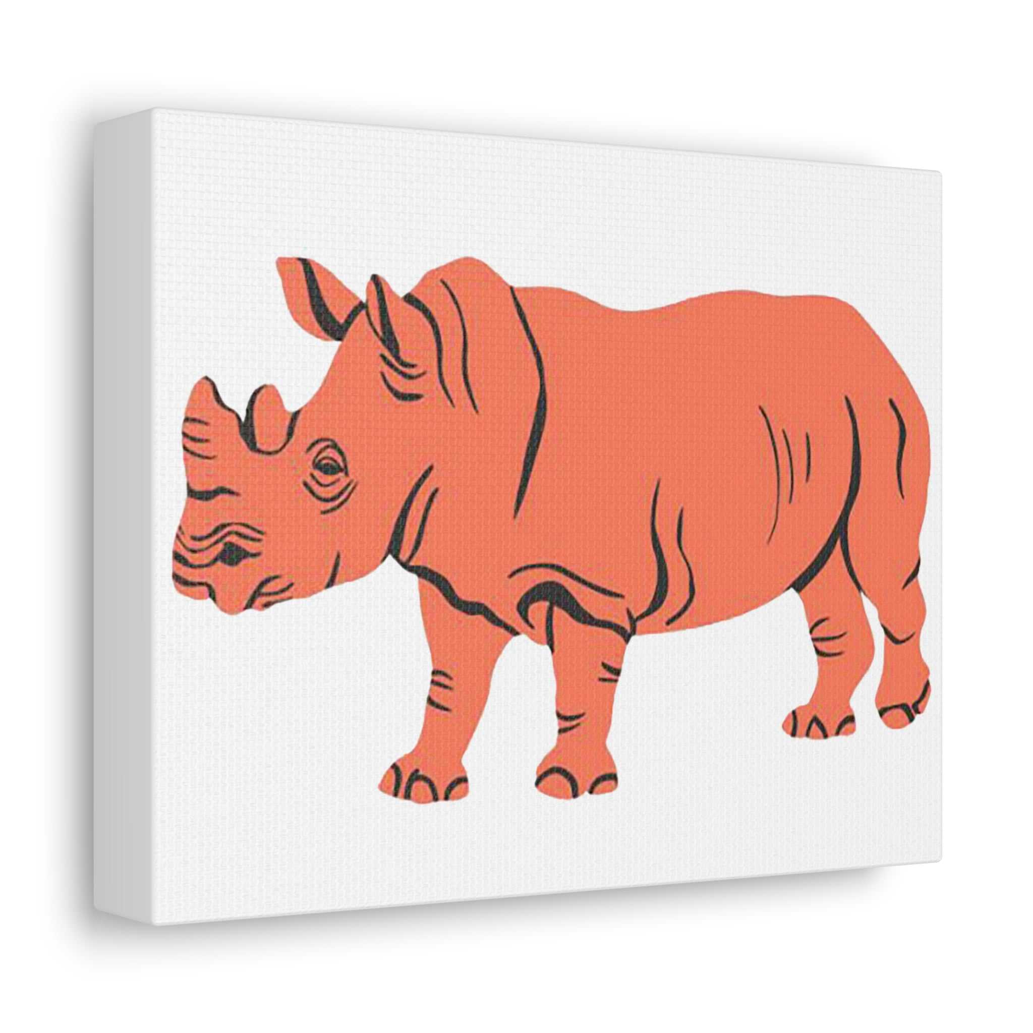 Orange Rhino Stretched Canvas art piece with vibrant colors and detailed design, mounted on a sturdy wooden frame.