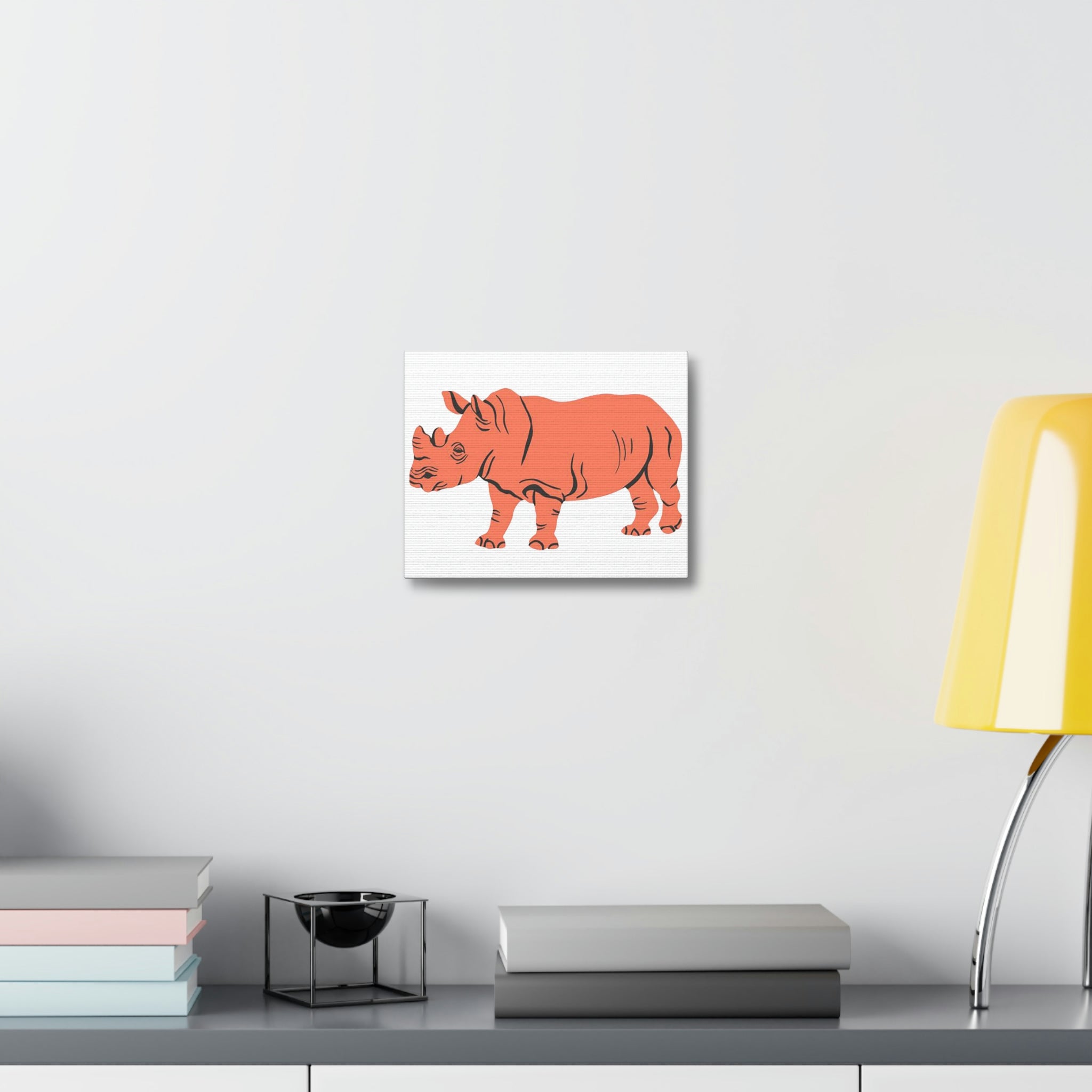 Orange Rhino Stretched Canvas art piece with vibrant colors and detailed design, mounted on a sturdy wooden frame.