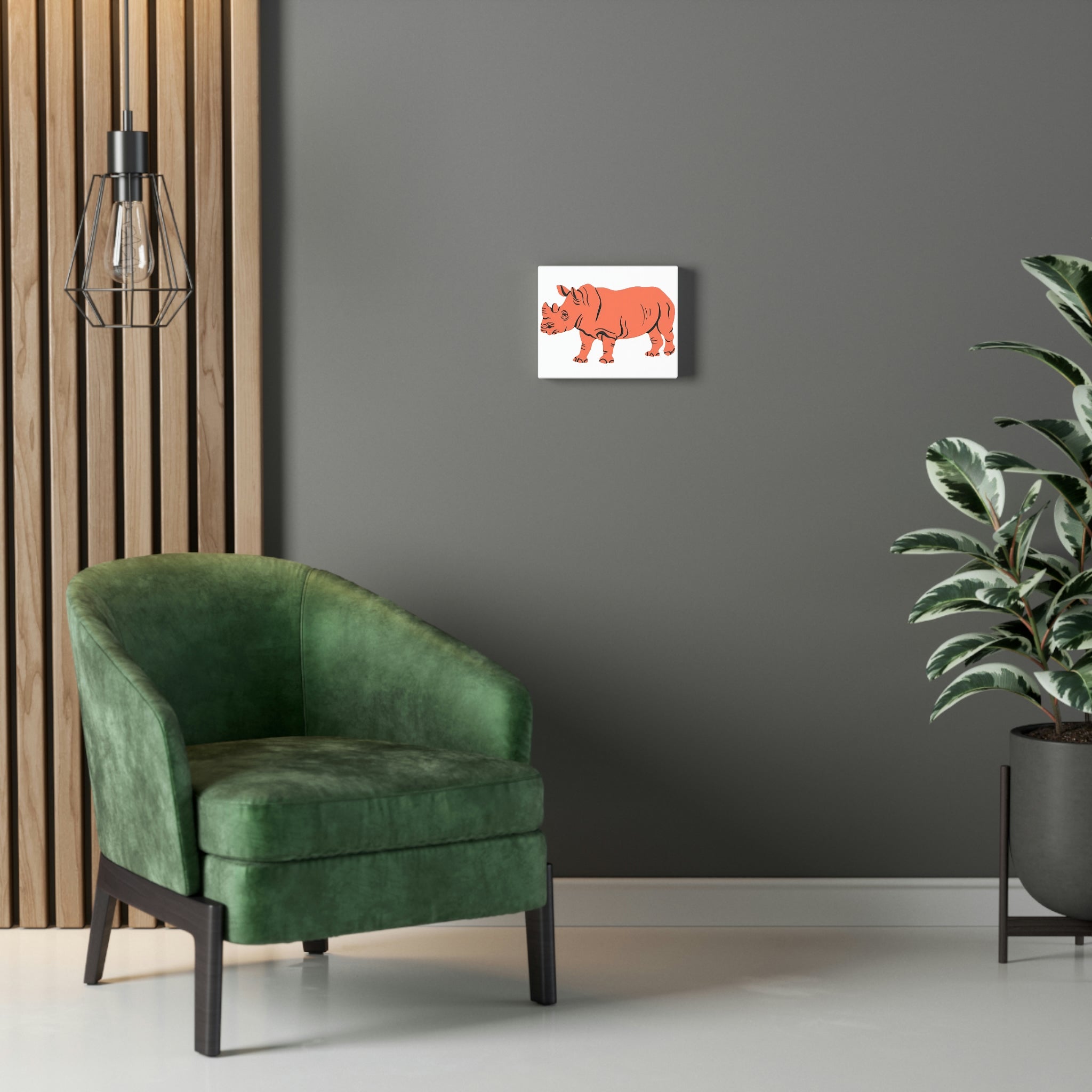 Orange Rhino Stretched Canvas art piece with vibrant colors and detailed design, mounted on a sturdy wooden frame.