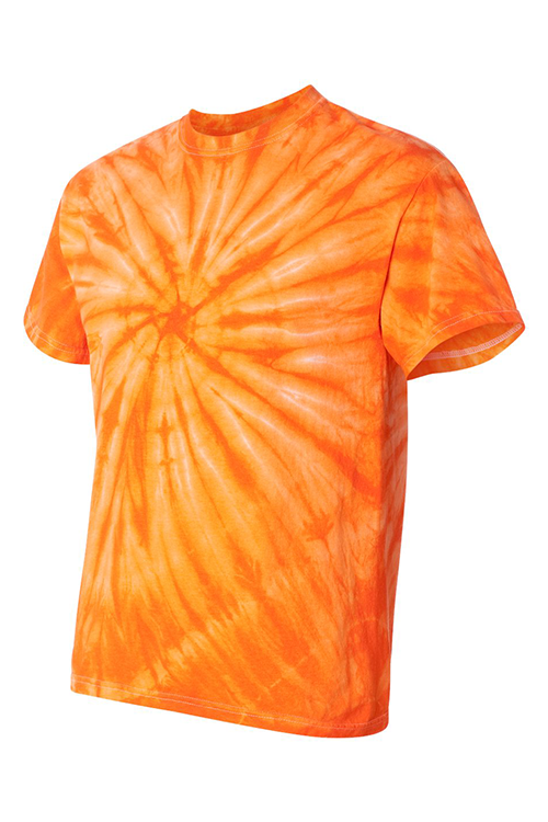 A vibrant orange tie dye t-shirt displayed on a neutral background, showcasing its unique pattern and comfortable fit.