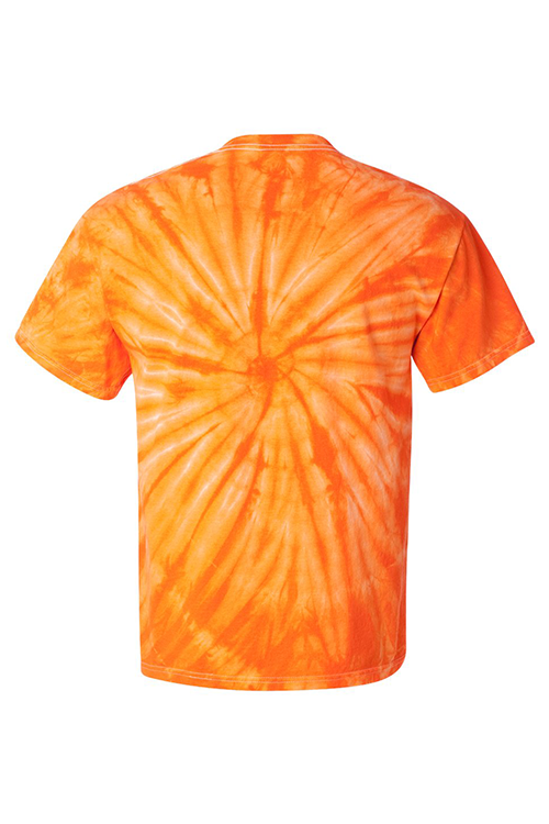 A vibrant orange tie dye t-shirt displayed on a neutral background, showcasing its unique pattern and comfortable fit.