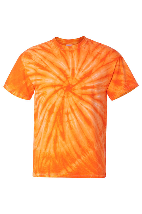 A vibrant orange tie dye t-shirt displayed on a neutral background, showcasing its unique pattern and comfortable fit.