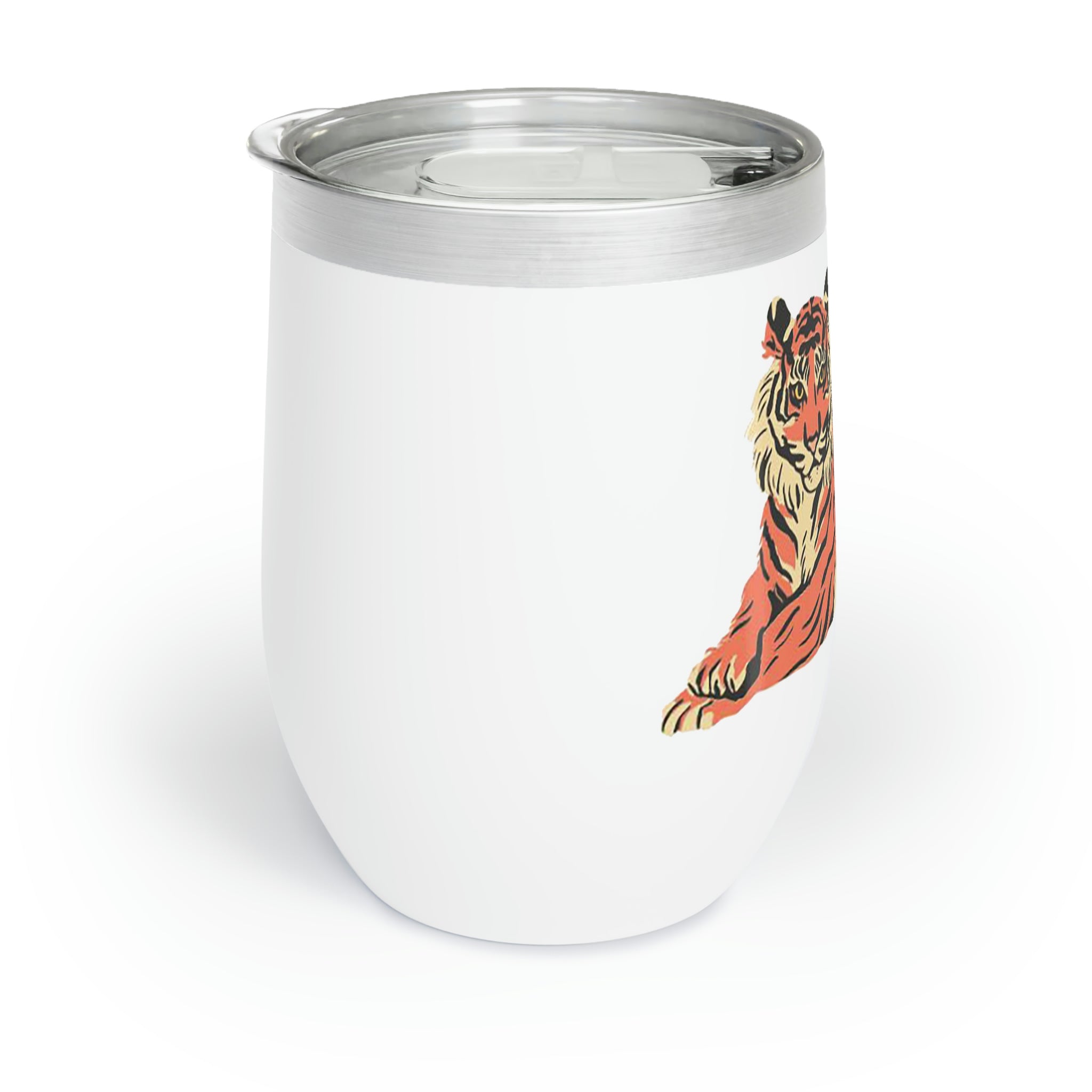 Orange Tiger Chill Wine Tumbler with double-insulated walls and customizable design, perfect for wine lovers.