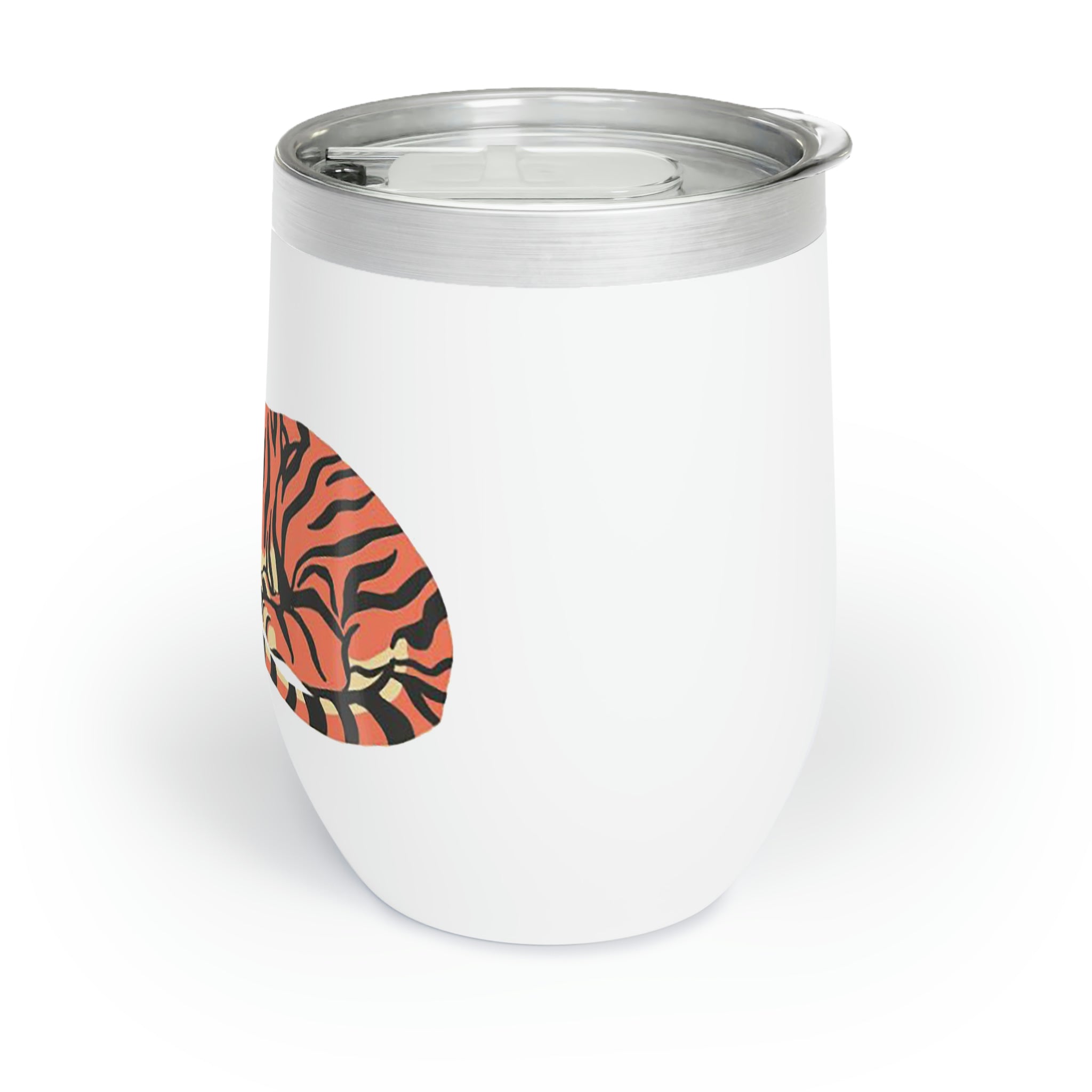 Orange Tiger Chill Wine Tumbler with double-insulated walls and customizable design, perfect for wine lovers.