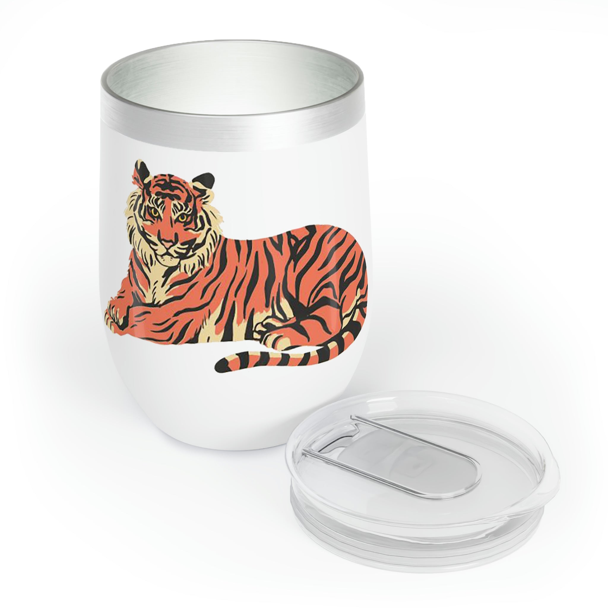 Orange Tiger Chill Wine Tumbler with double-insulated walls and customizable design, perfect for wine lovers.