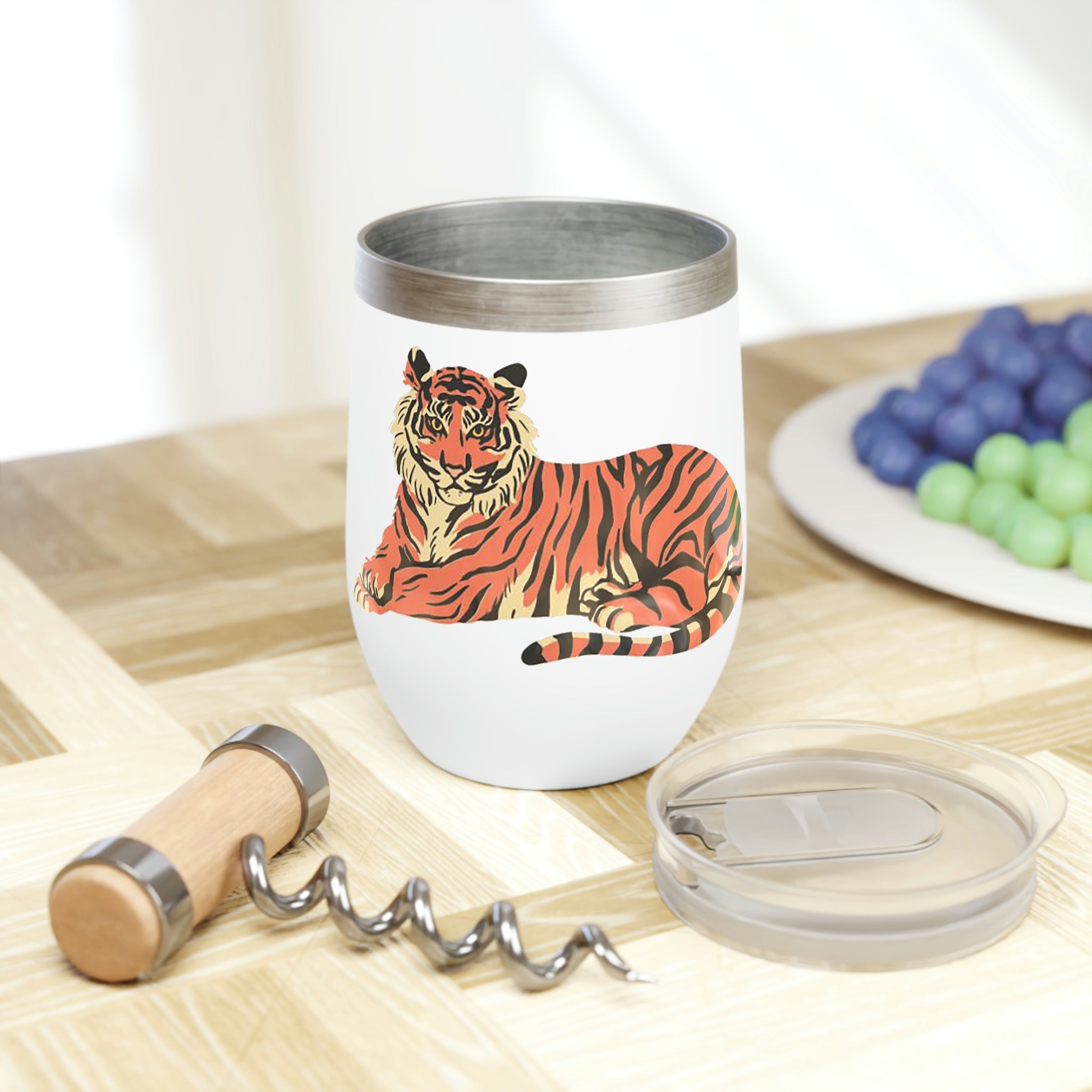 Orange Tiger Chill Wine Tumbler with double-insulated walls and customizable design, perfect for wine lovers.