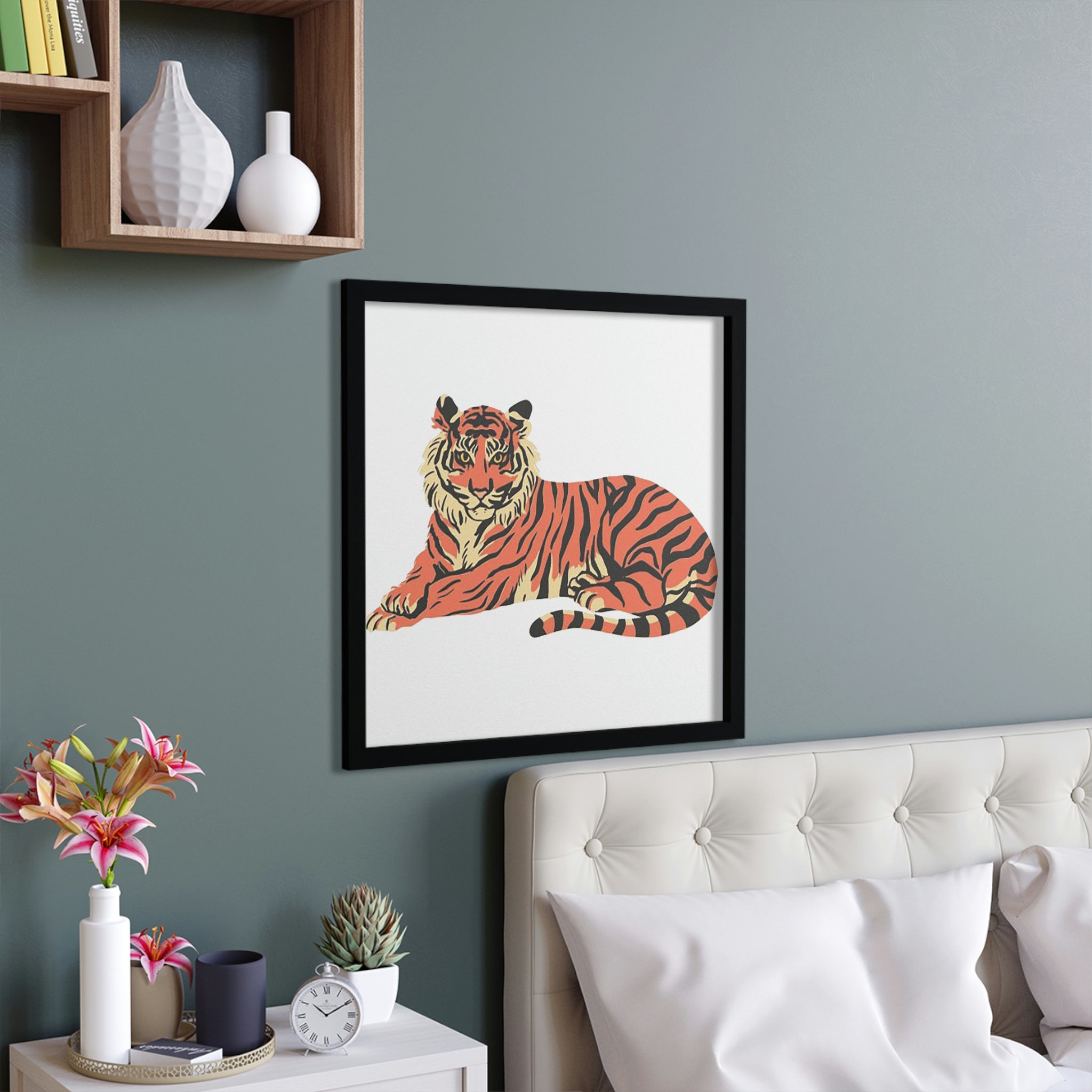 Orange Tiger Framed Poster featuring a vibrant tiger design in a hand-crafted wooden frame, perfect for home decor.