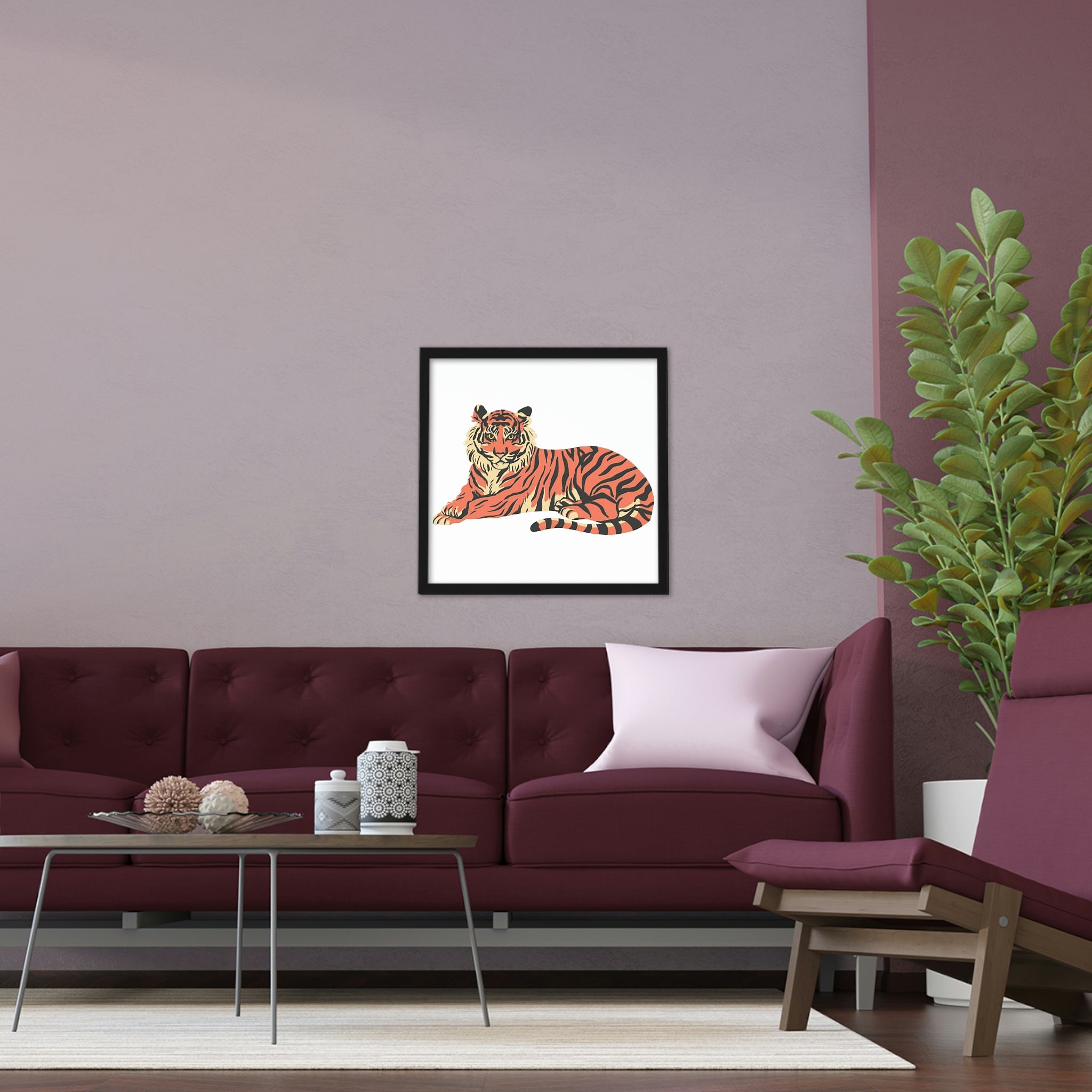 Orange Tiger Framed Poster featuring a vibrant tiger design in a hand-crafted wooden frame, perfect for home decor.