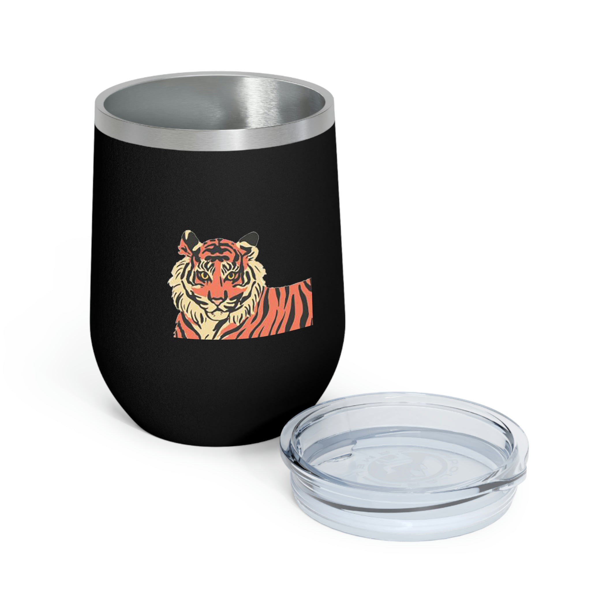 Orange Tiger Wine Tumbler with double-wall insulation and clear lid, showcasing a vibrant tiger design.