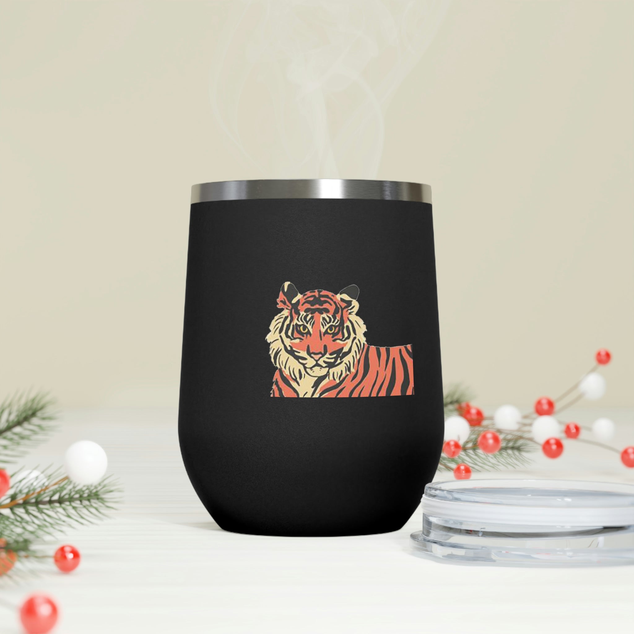 Orange Tiger Wine Tumbler with double-wall insulation and clear lid, showcasing a vibrant tiger design.