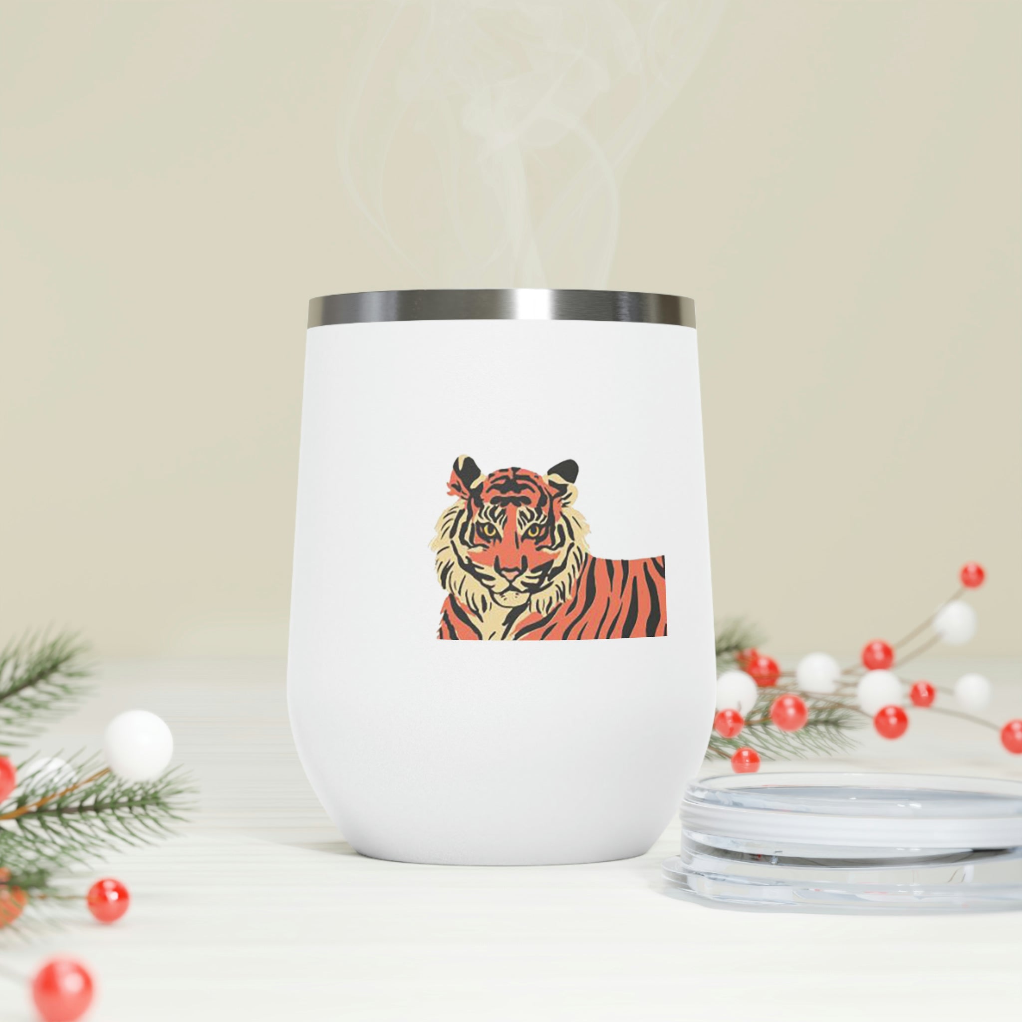 Orange Tiger Wine Tumbler with double-wall insulation and clear lid, showcasing a vibrant tiger design.