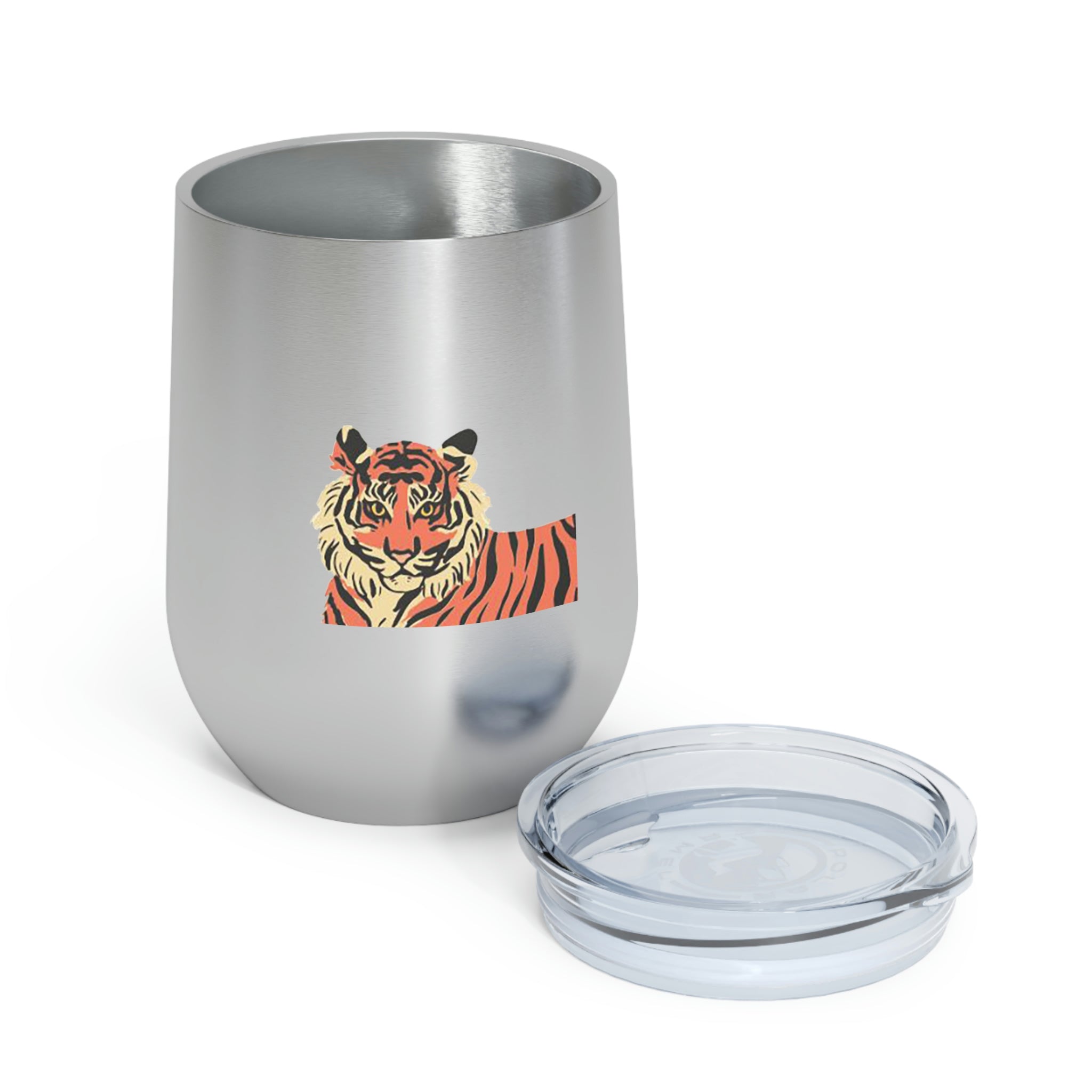 Orange Tiger Wine Tumbler with double-wall insulation and clear lid, showcasing a vibrant tiger design.