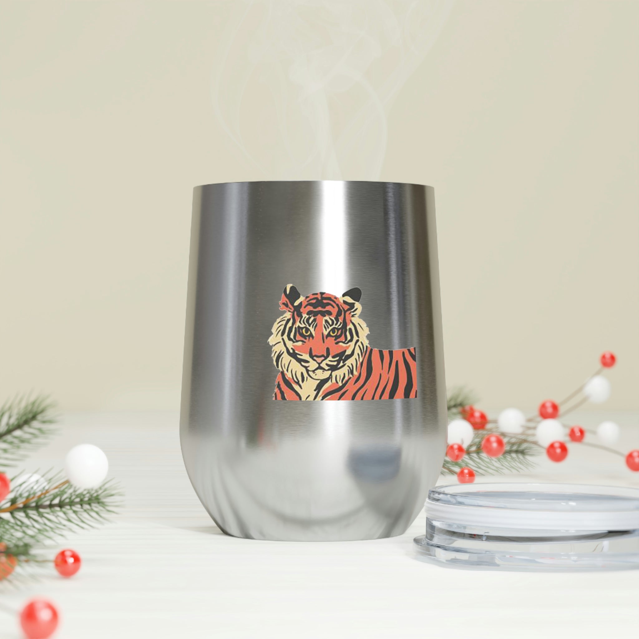 Orange Tiger Wine Tumbler with double-wall insulation and clear lid, showcasing a vibrant tiger design.