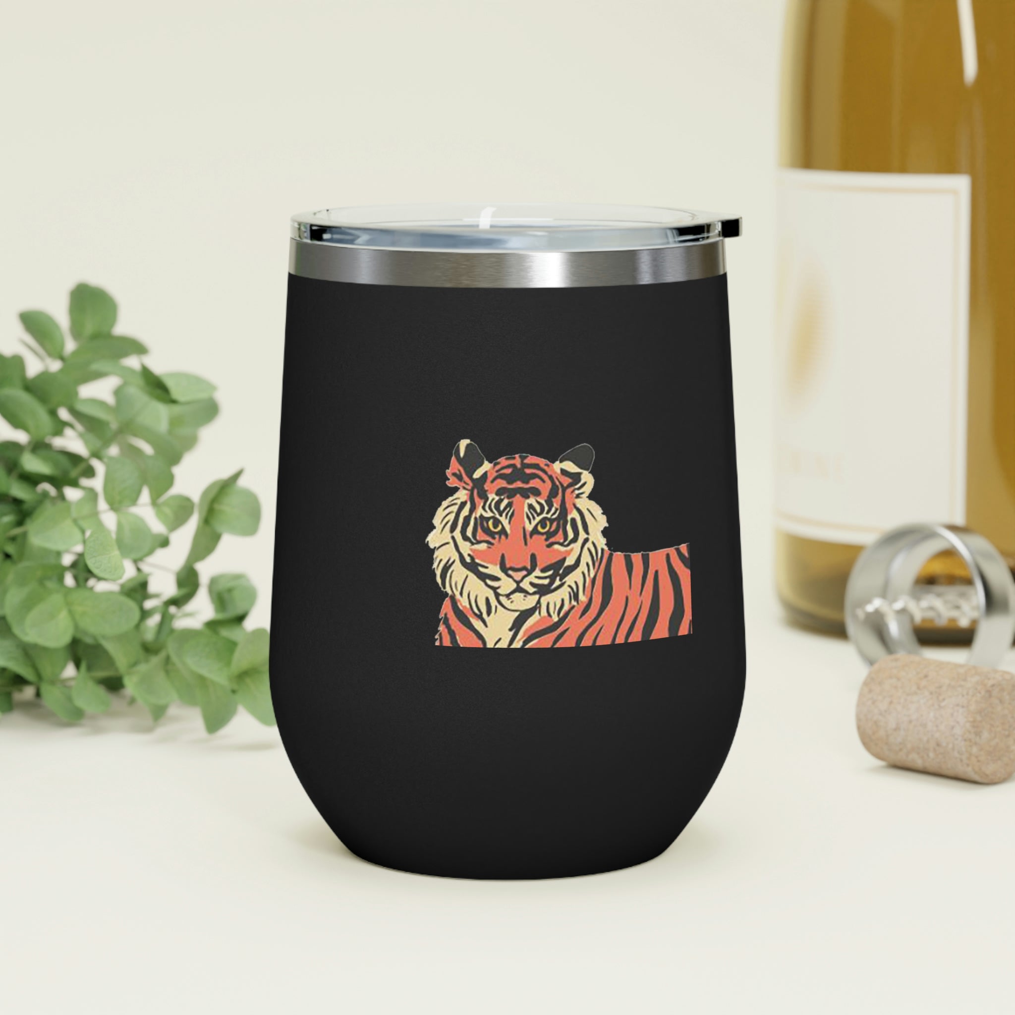 Orange Tiger Wine Tumbler with double-wall insulation and clear lid, showcasing a vibrant tiger design.