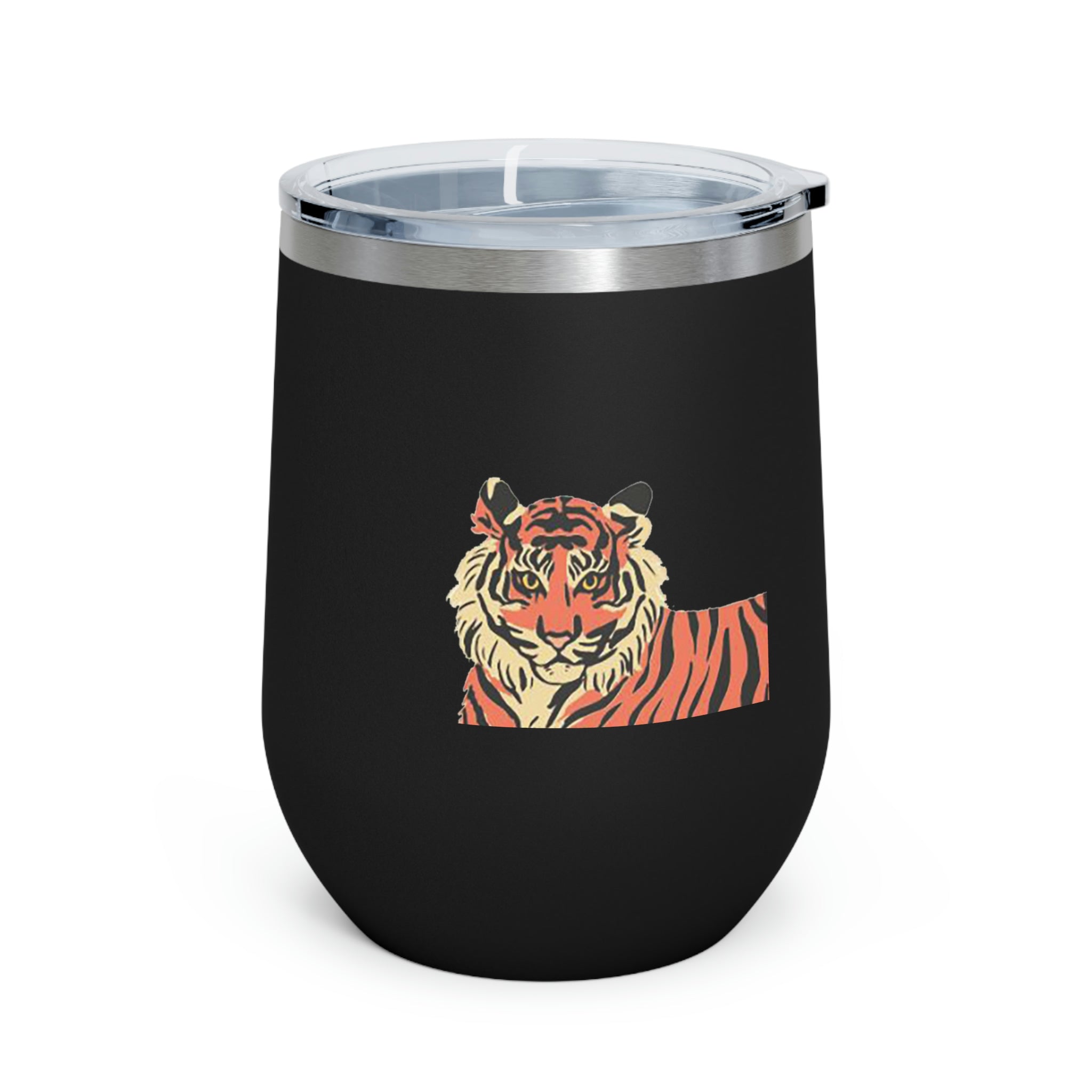 Orange Tiger Wine Tumbler with double-wall insulation and clear lid, showcasing a vibrant tiger design.