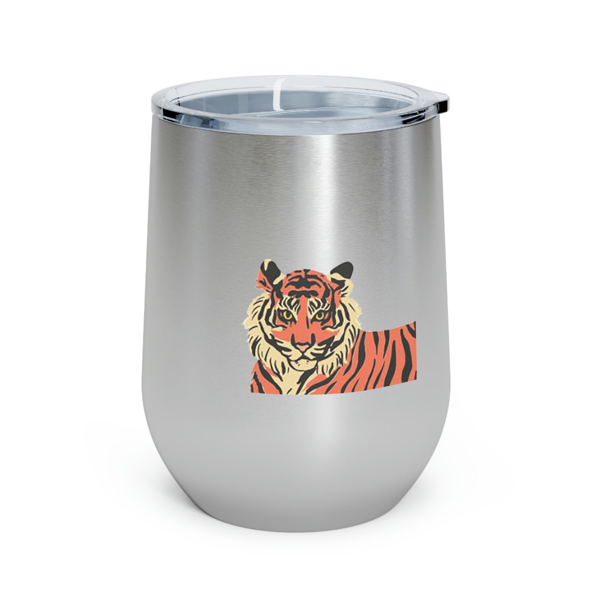 Orange Tiger Wine Tumbler with double-wall insulation and clear lid, showcasing a vibrant tiger design.