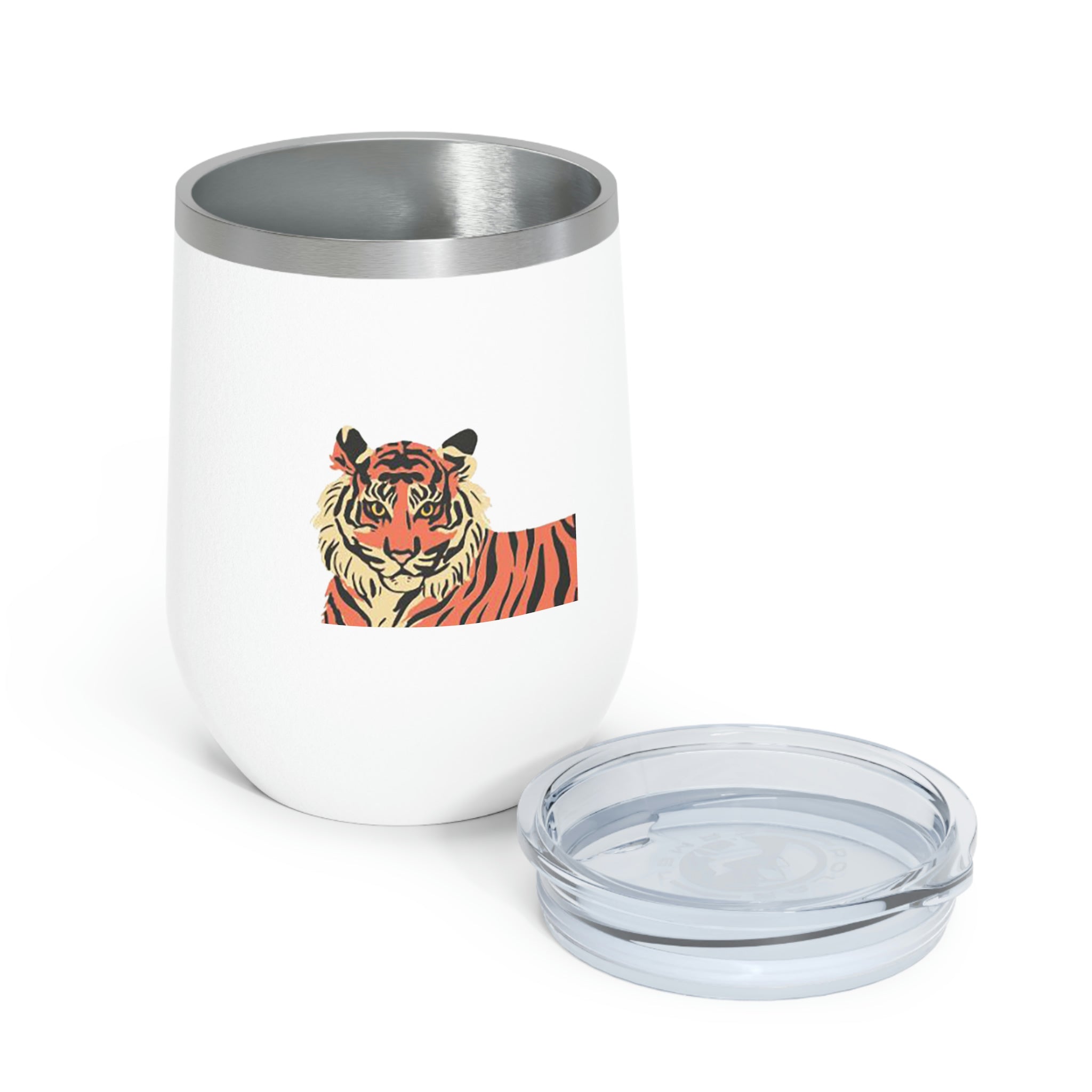 Orange Tiger Wine Tumbler with double-wall insulation and clear lid, showcasing a vibrant tiger design.