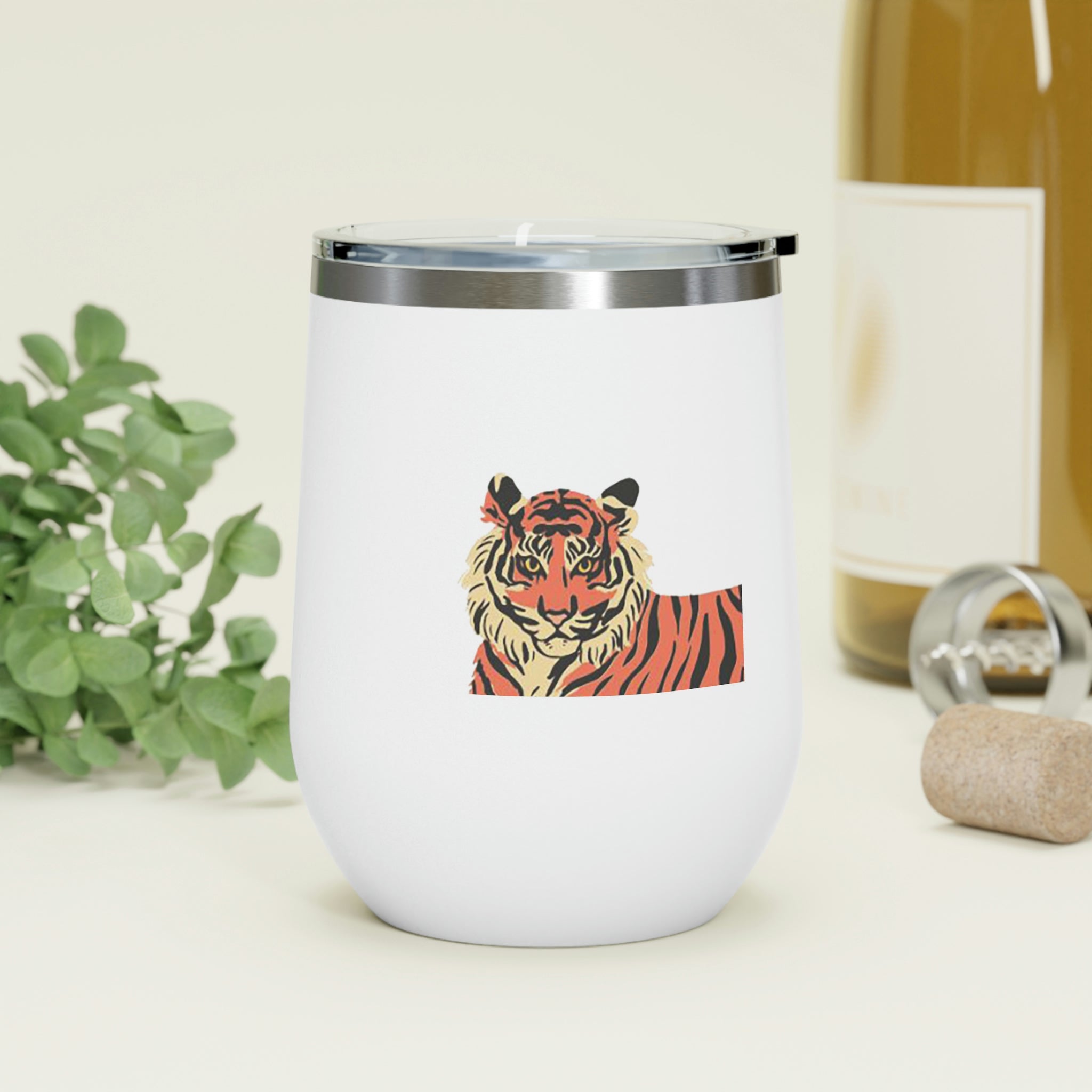 Orange Tiger Wine Tumbler with double-wall insulation and clear lid, showcasing a vibrant tiger design.