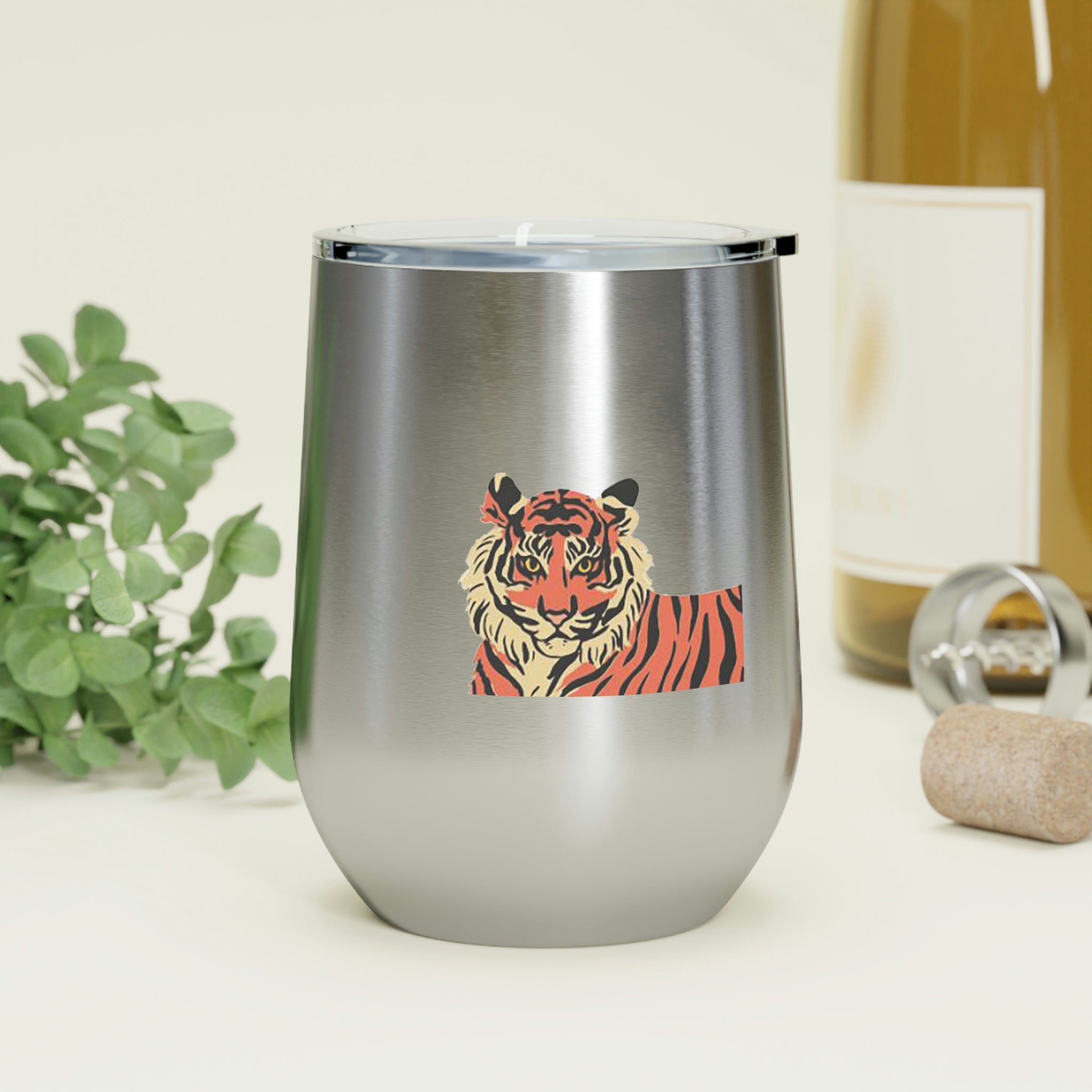 Orange Tiger Wine Tumbler with double-wall insulation and clear lid, showcasing a vibrant tiger design.