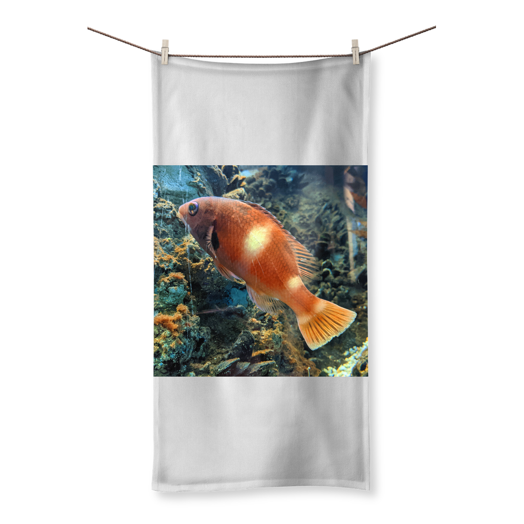 OrangeFishScene Sublimation All Over Towel featuring vibrant prints on a polyester front and soft cotton backing, available in multiple sizes.