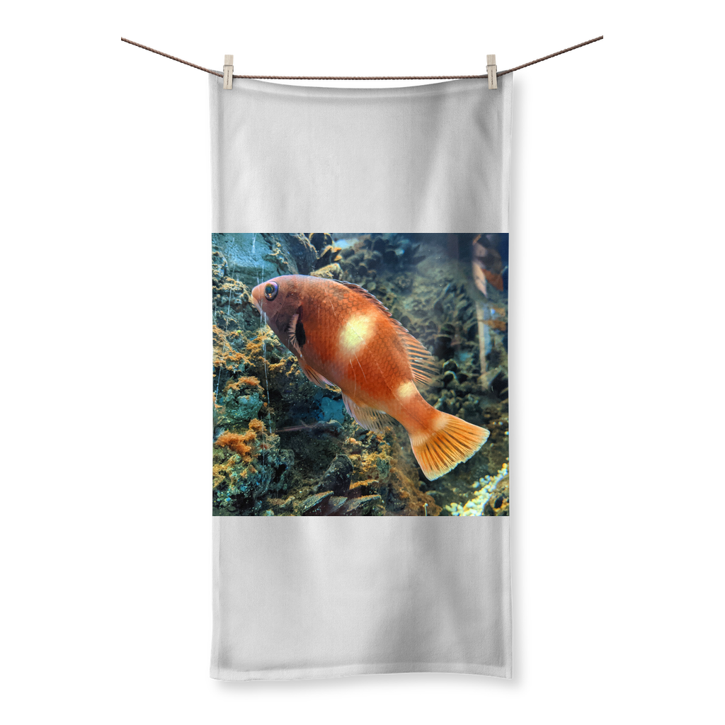 OrangeFishScene Sublimation All Over Towel featuring vibrant prints on a polyester front and soft cotton backing, available in multiple sizes.