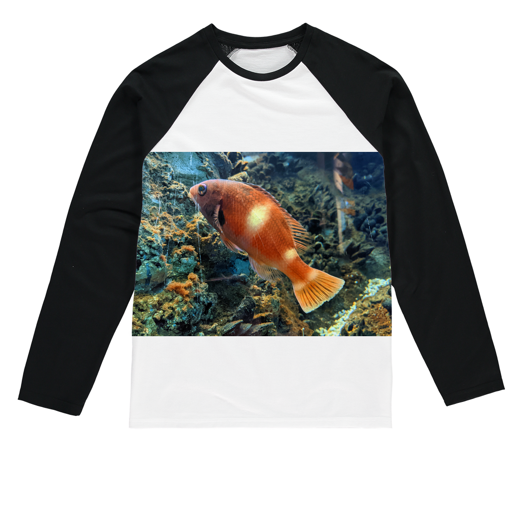 OrangeFishScene Sublimation Baseball Long Sleeve T-Shirt featuring long sleeves, crew neck, and mixed fabric for comfort and durability.