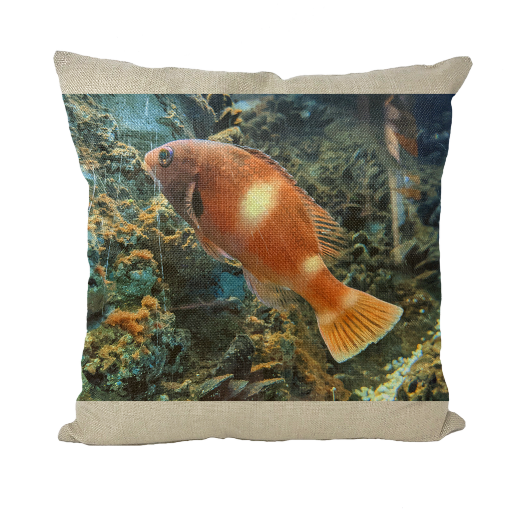 OrangeFishScene Throw Pillows in various styles including linen, canvas, and suede, showcasing vibrant colors and high-quality fabric.