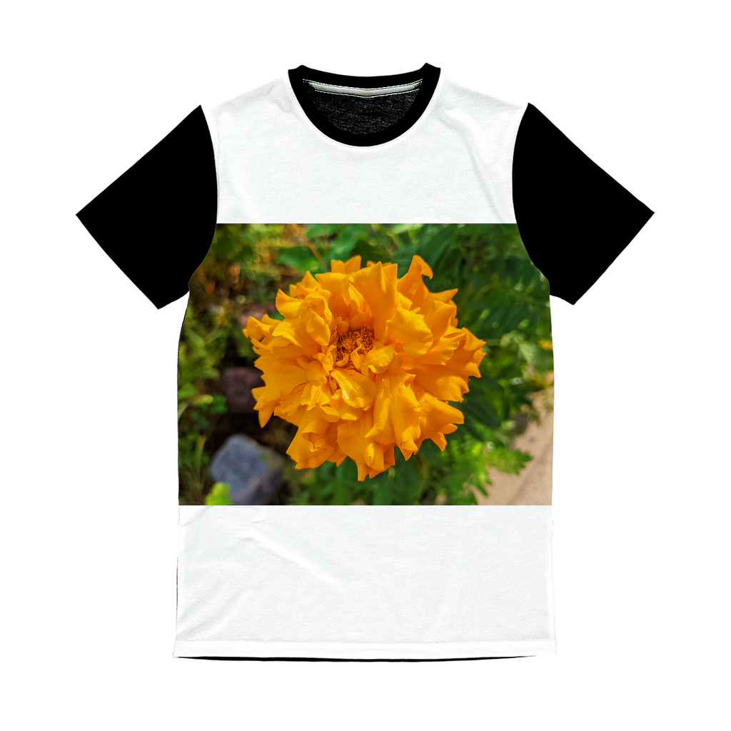 OrangeFlower Classic Sublimation Panel T-Shirt featuring a vibrant front design and a plain black back, ideal for sublimation printing.