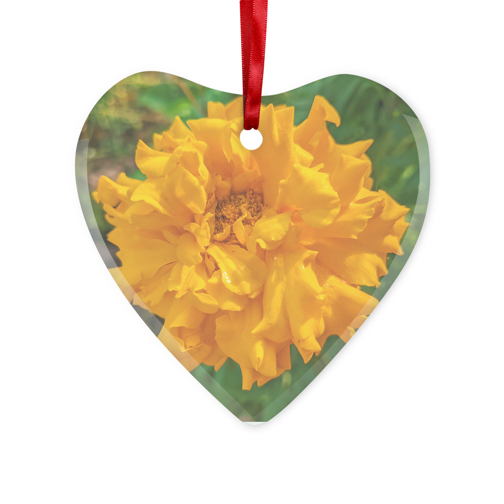 OrangeFlower Glass Hanging Ornament in round and heart shapes, elegantly displayed with red ribbon and gold string.