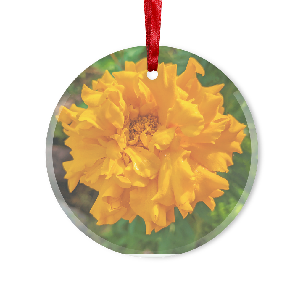 OrangeFlower Glass Hanging Ornament in round and heart shapes, elegantly displayed with red ribbon and gold string.