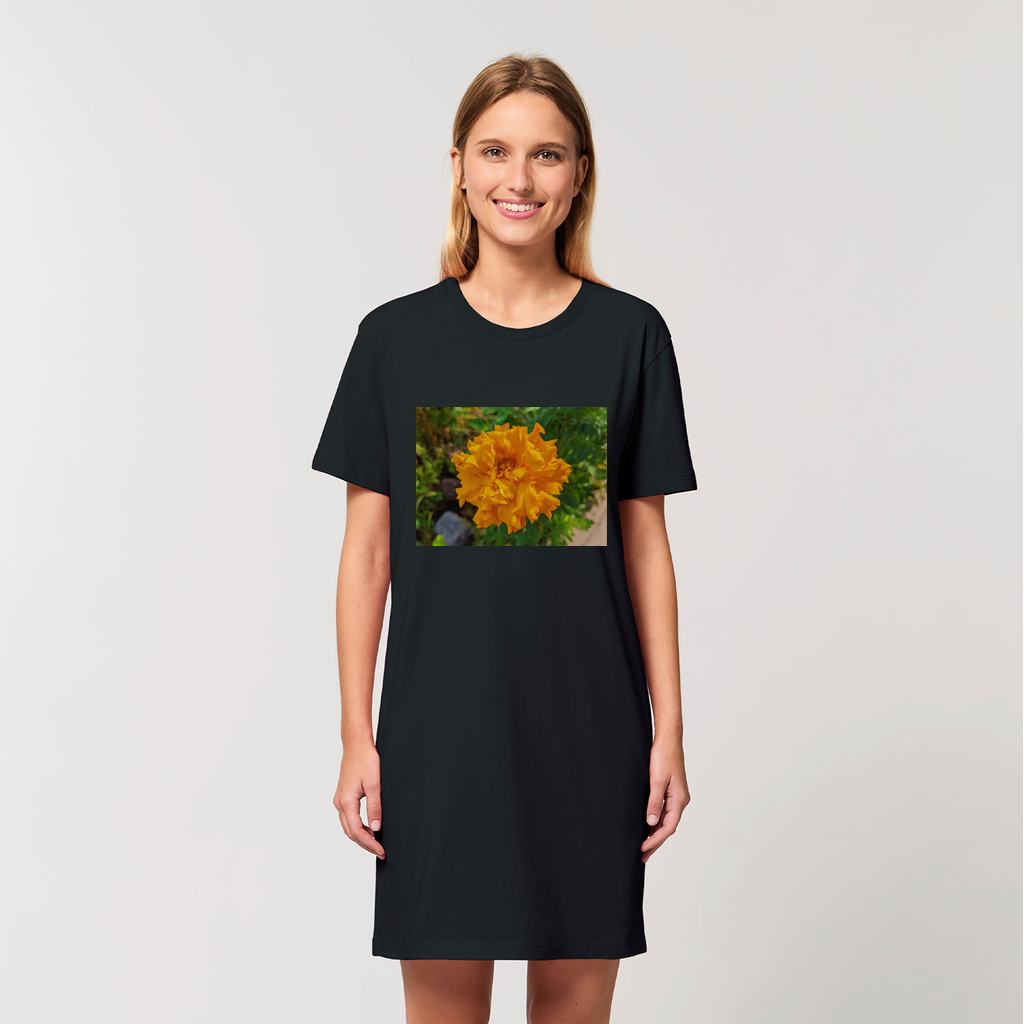 A stylish OrangeFlower Organic T-Shirt Dress made from 100% organic cotton, featuring a set-in sleeve design and a comfortable fit.