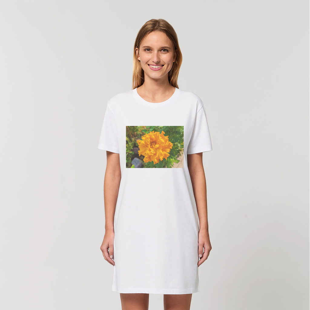 A stylish OrangeFlower Organic T-Shirt Dress made from 100% organic cotton, featuring a set-in sleeve design and a comfortable fit.