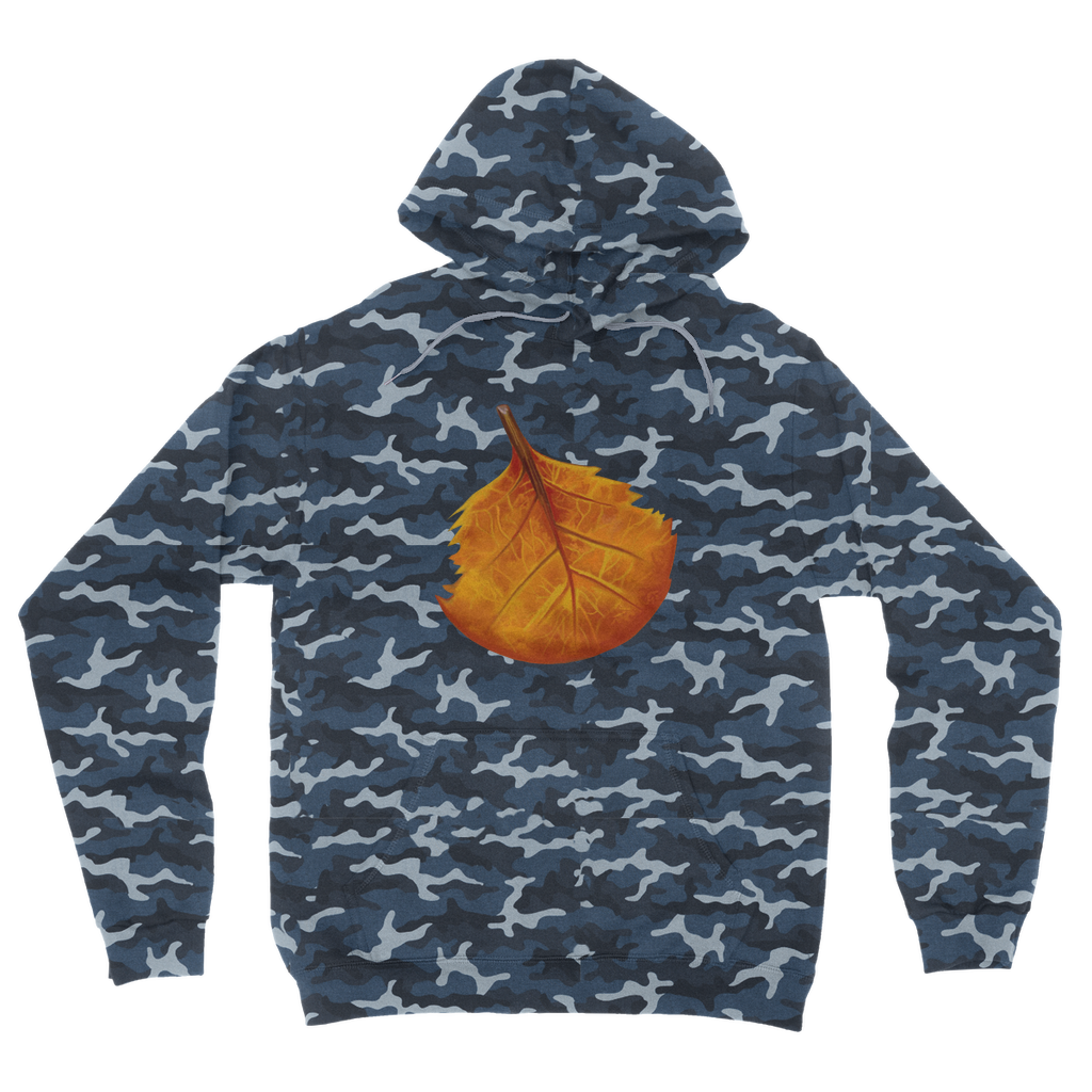 OrangeLeaf Camouflage Adult Hoodie featuring an all-over camo design, flat lace drawcords, and kangaroo pouch pocket.