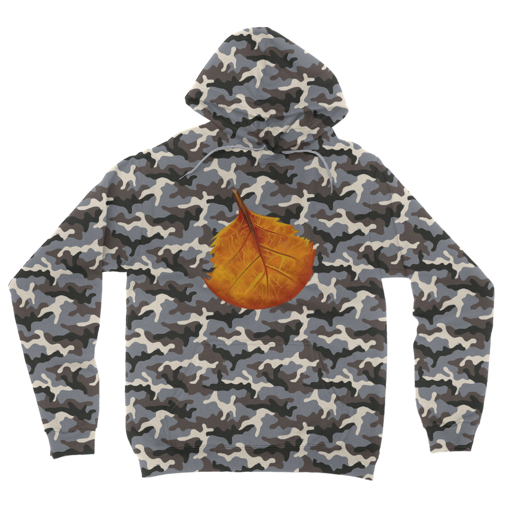 OrangeLeaf Camouflage Adult Hoodie featuring an all-over camo design, flat lace drawcords, and kangaroo pouch pocket.