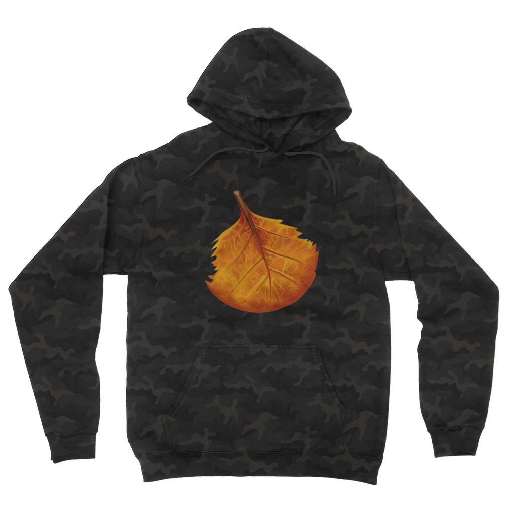 OrangeLeaf Camouflage Adult Hoodie featuring an all-over camo design, flat lace drawcords, and kangaroo pouch pocket.