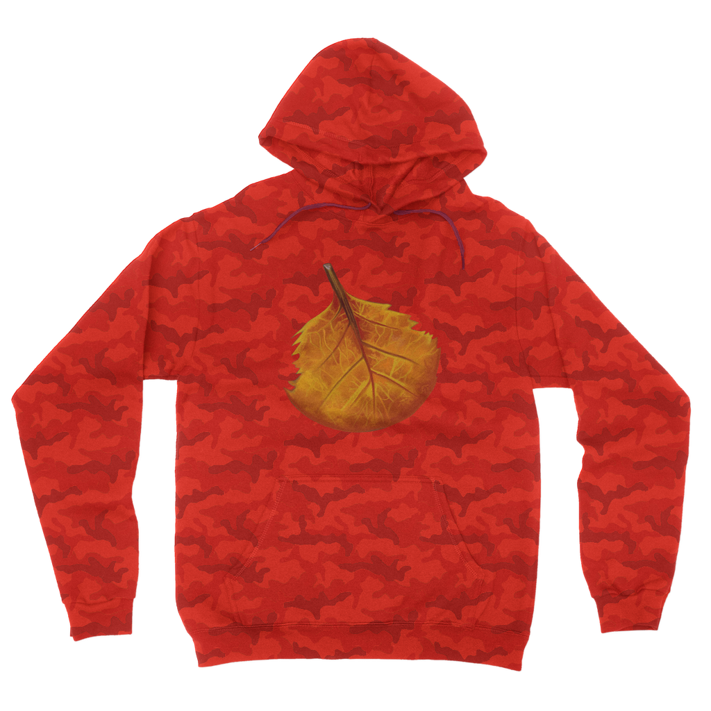 OrangeLeaf Camouflage Adult Hoodie featuring an all-over camo design, flat lace drawcords, and kangaroo pouch pocket.