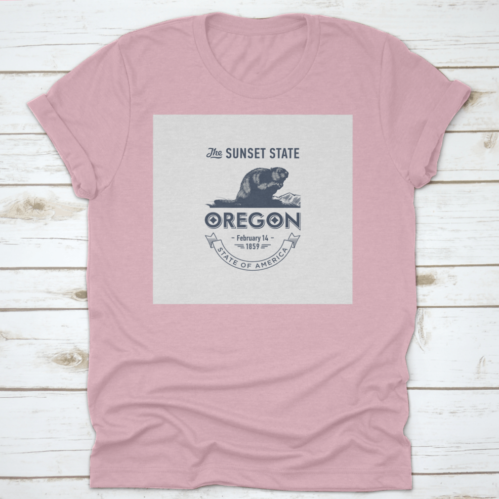 Stylized emblem t-shirt representing Oregon, The Sunset State, made of soft cotton fabric.