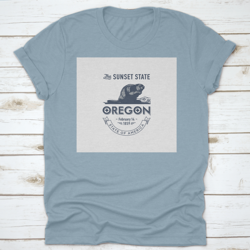 Stylized emblem t-shirt representing Oregon, The Sunset State, made of soft cotton fabric.