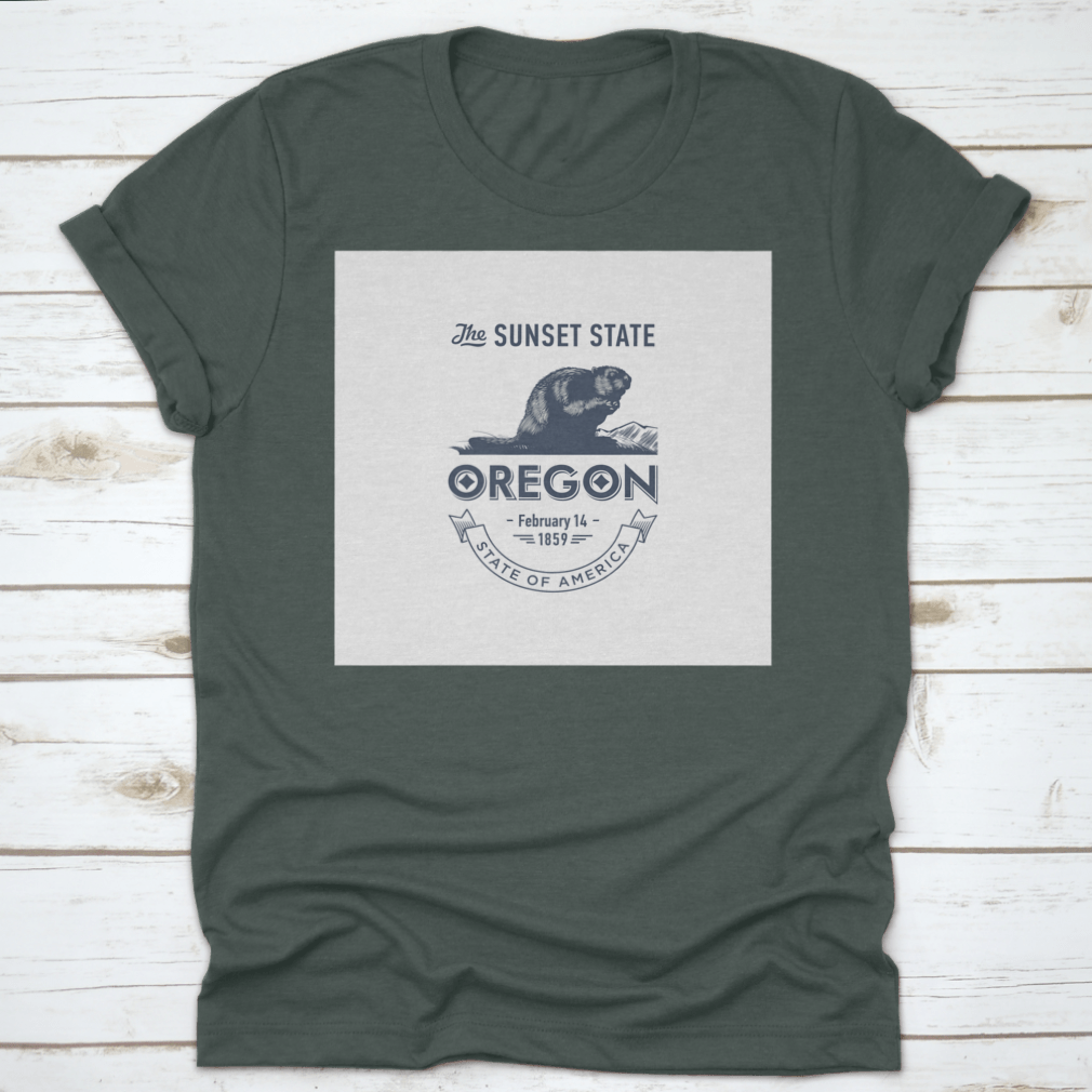 Stylized emblem t-shirt representing Oregon, The Sunset State, made of soft cotton fabric.