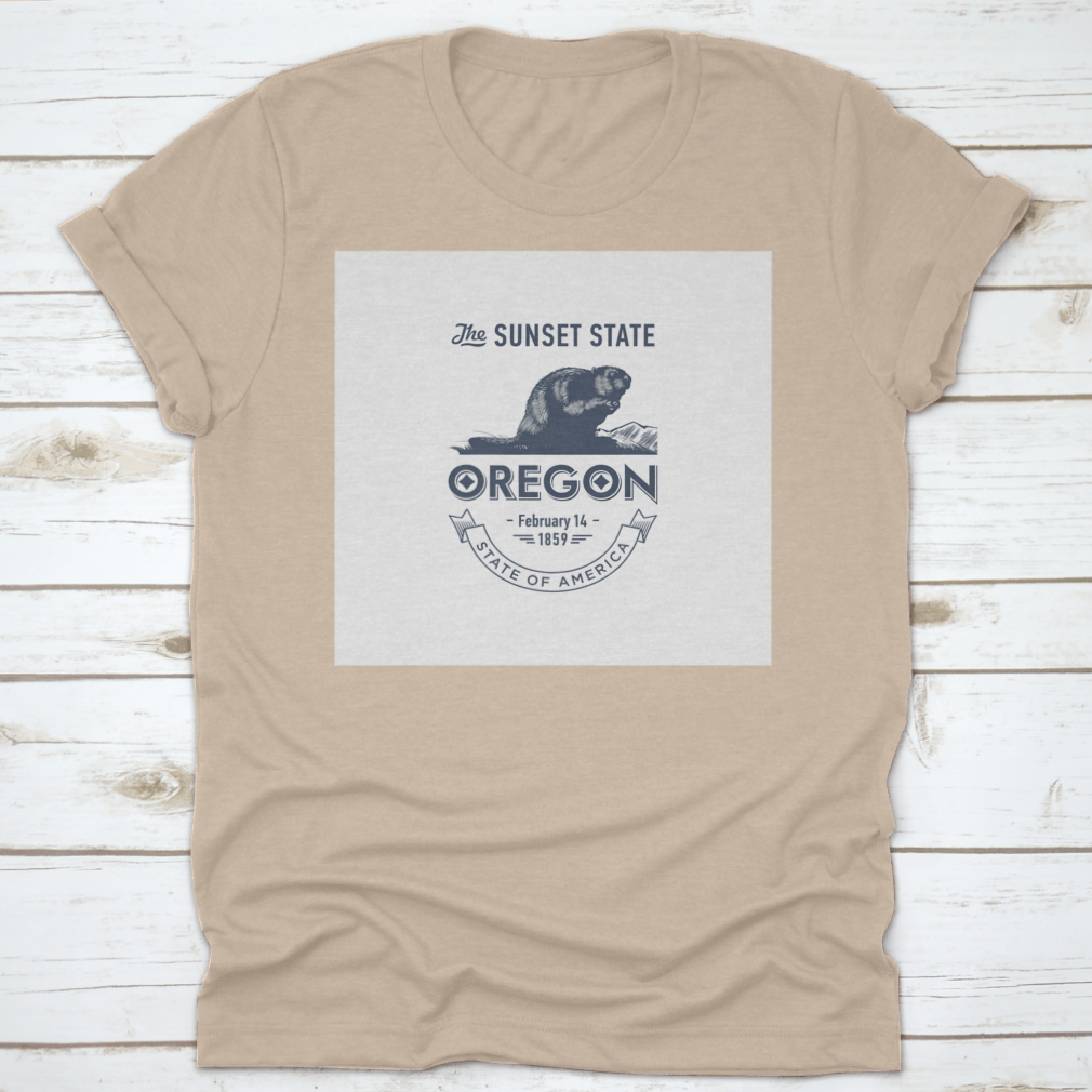 Stylized emblem t-shirt representing Oregon, The Sunset State, made of soft cotton fabric.