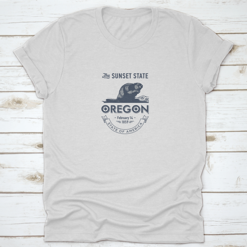 Stylized emblem t-shirt representing Oregon, The Sunset State, made of soft cotton fabric.