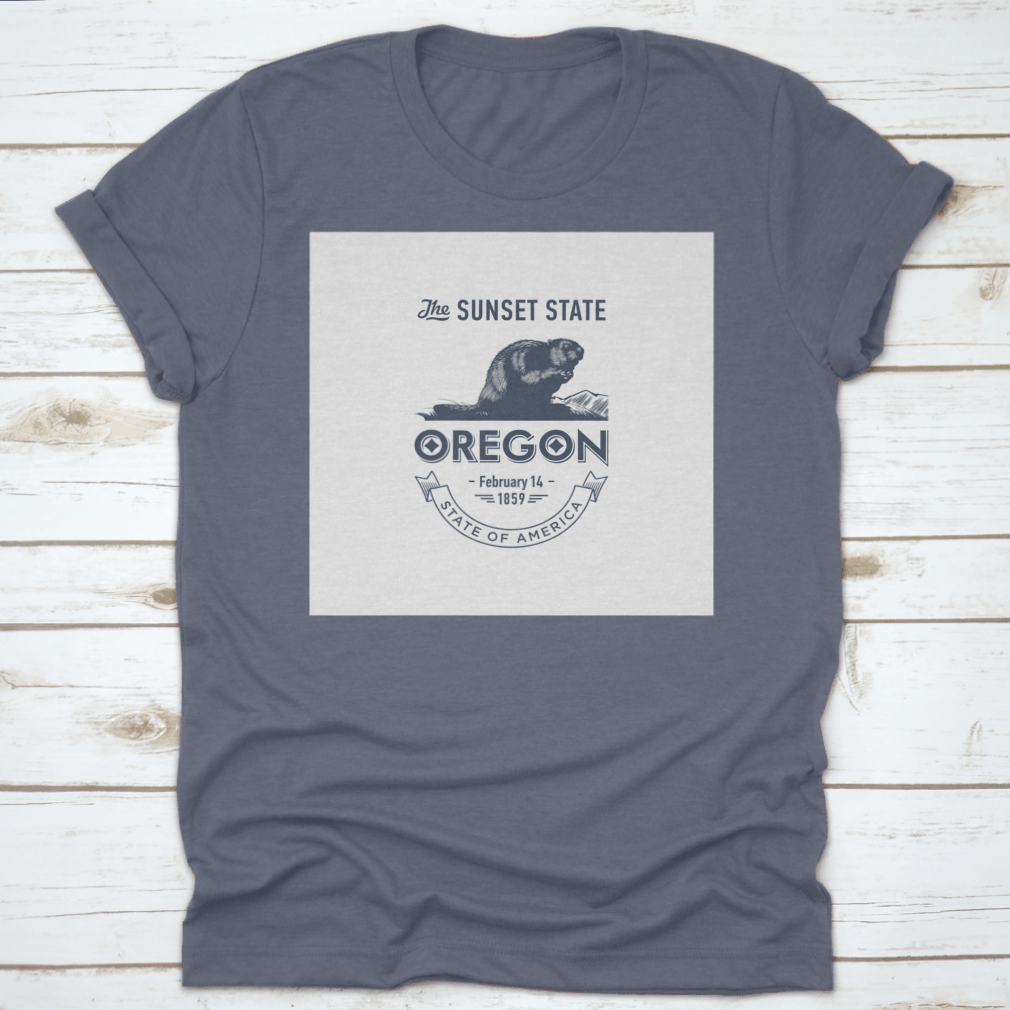 Stylized emblem t-shirt representing Oregon, The Sunset State, made of soft cotton fabric.