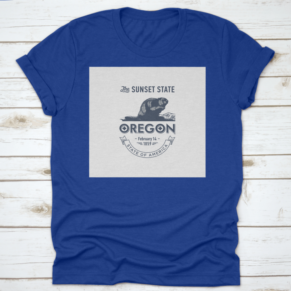 Stylized emblem t-shirt representing Oregon, The Sunset State, made of soft cotton fabric.