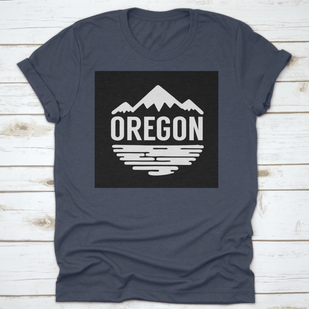 Cotton t-shirt featuring white silhouettes of mountains and water, representing Oregon's natural beauty.