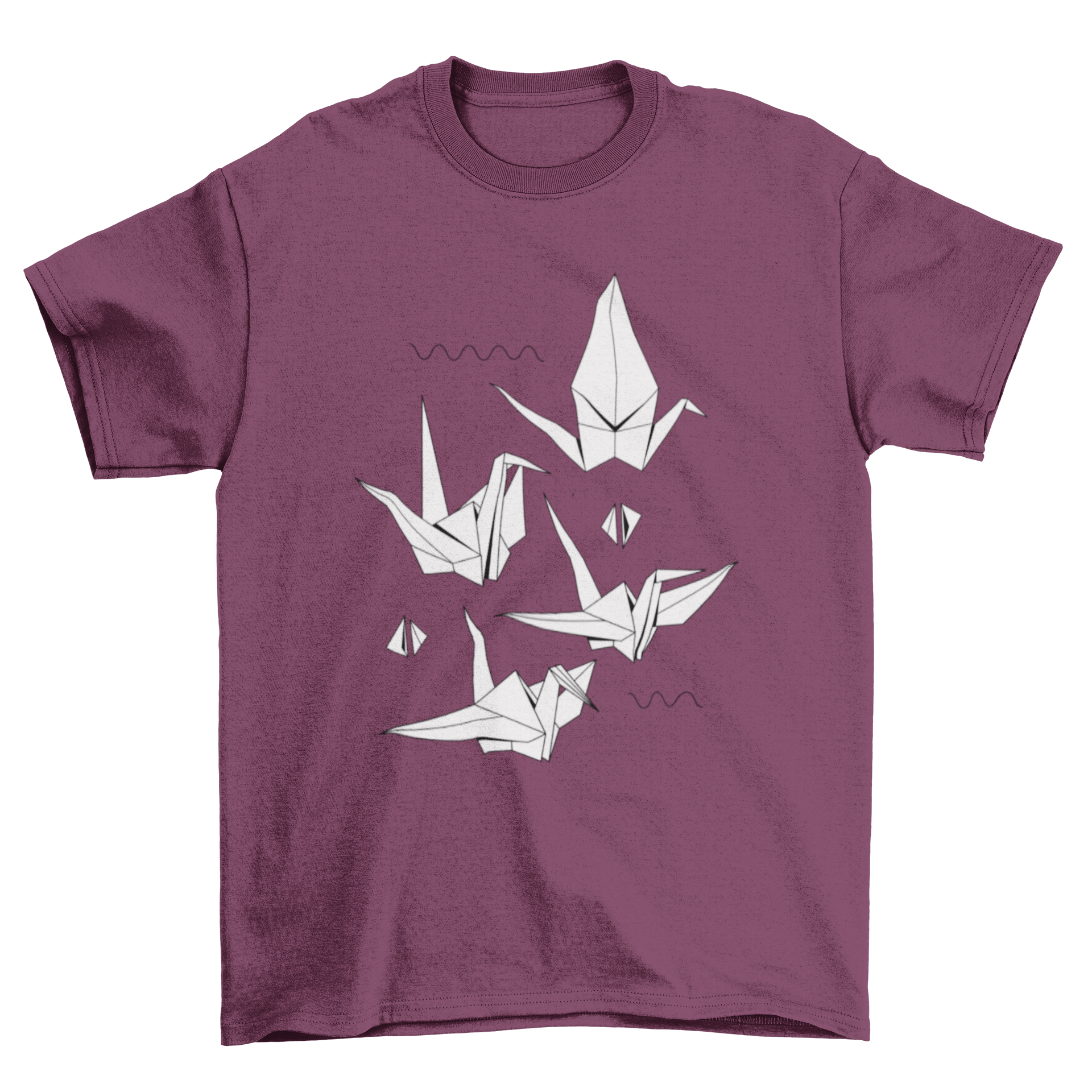 A stylish t-shirt featuring a vibrant origami birds design with paper cranes.