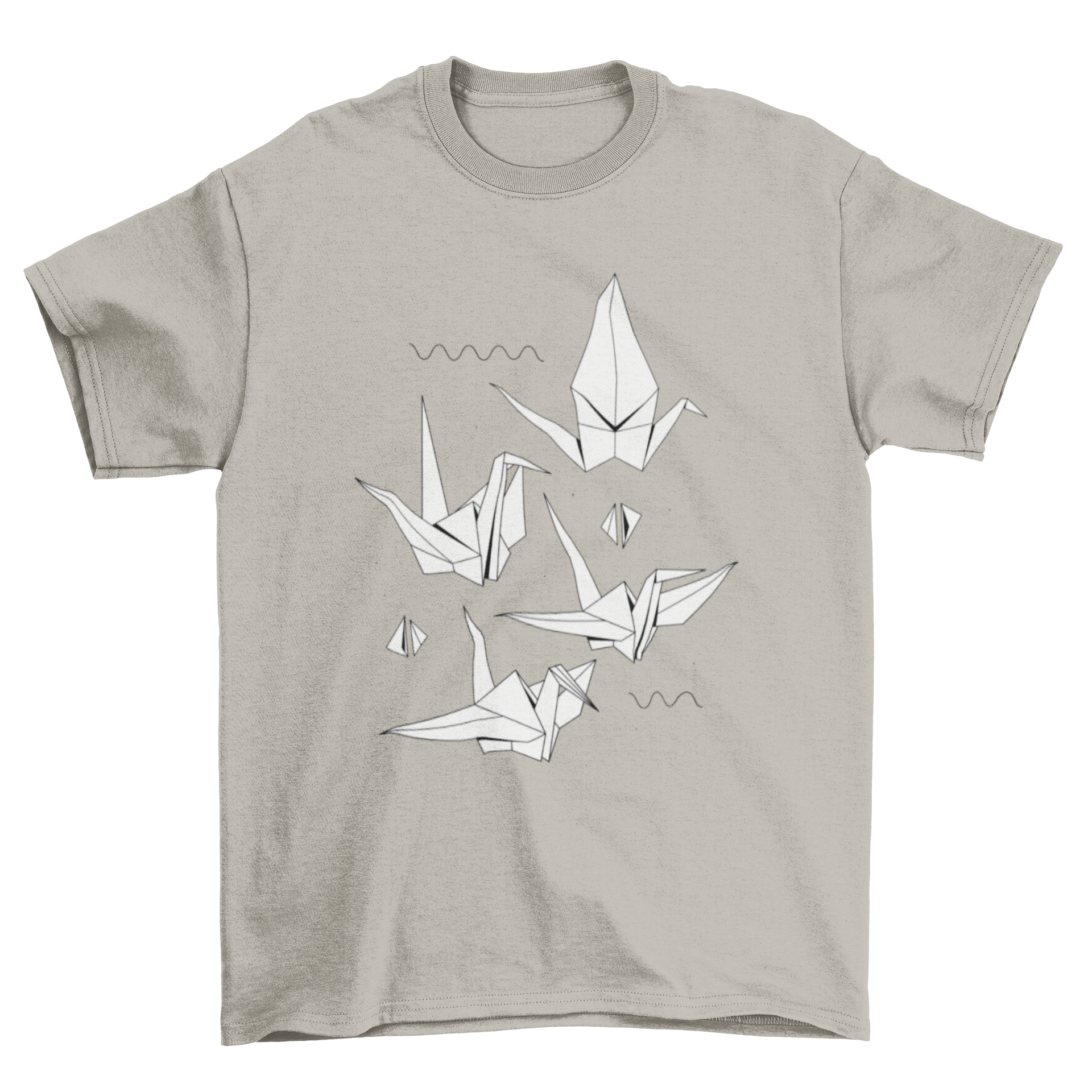 A stylish t-shirt featuring a vibrant origami birds design with paper cranes.