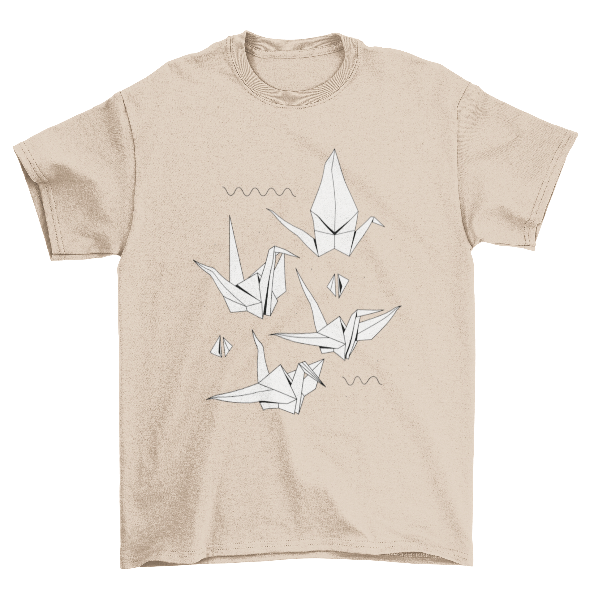 A stylish t-shirt featuring a vibrant origami birds design with paper cranes.